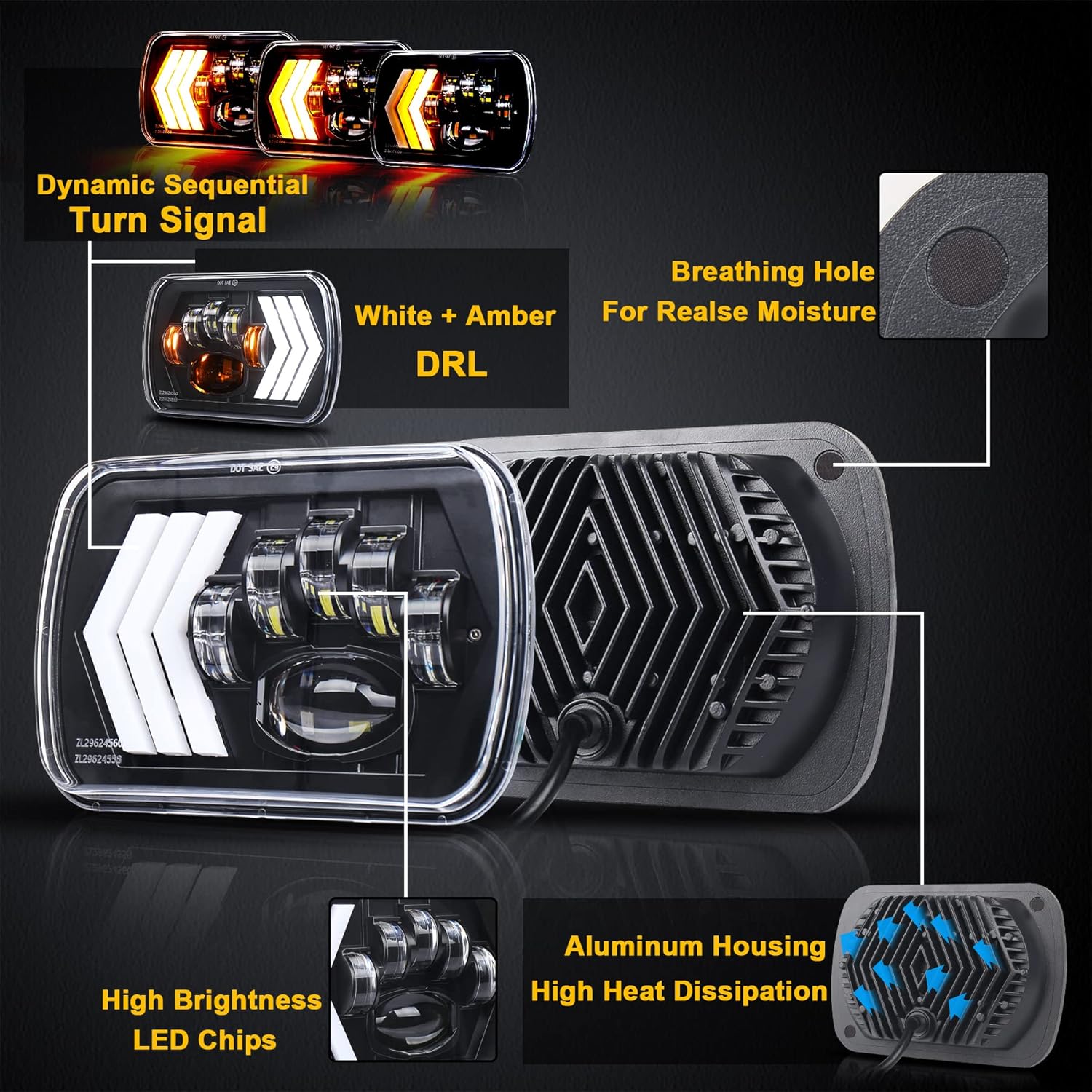 Faros delanteros LED 7×6 55W cuadrados 5×7 pulgadas con flecha blanca y ámbar DRL señal de giro secuencial dinámica para Wrangler YJ XJ Toyota GMC