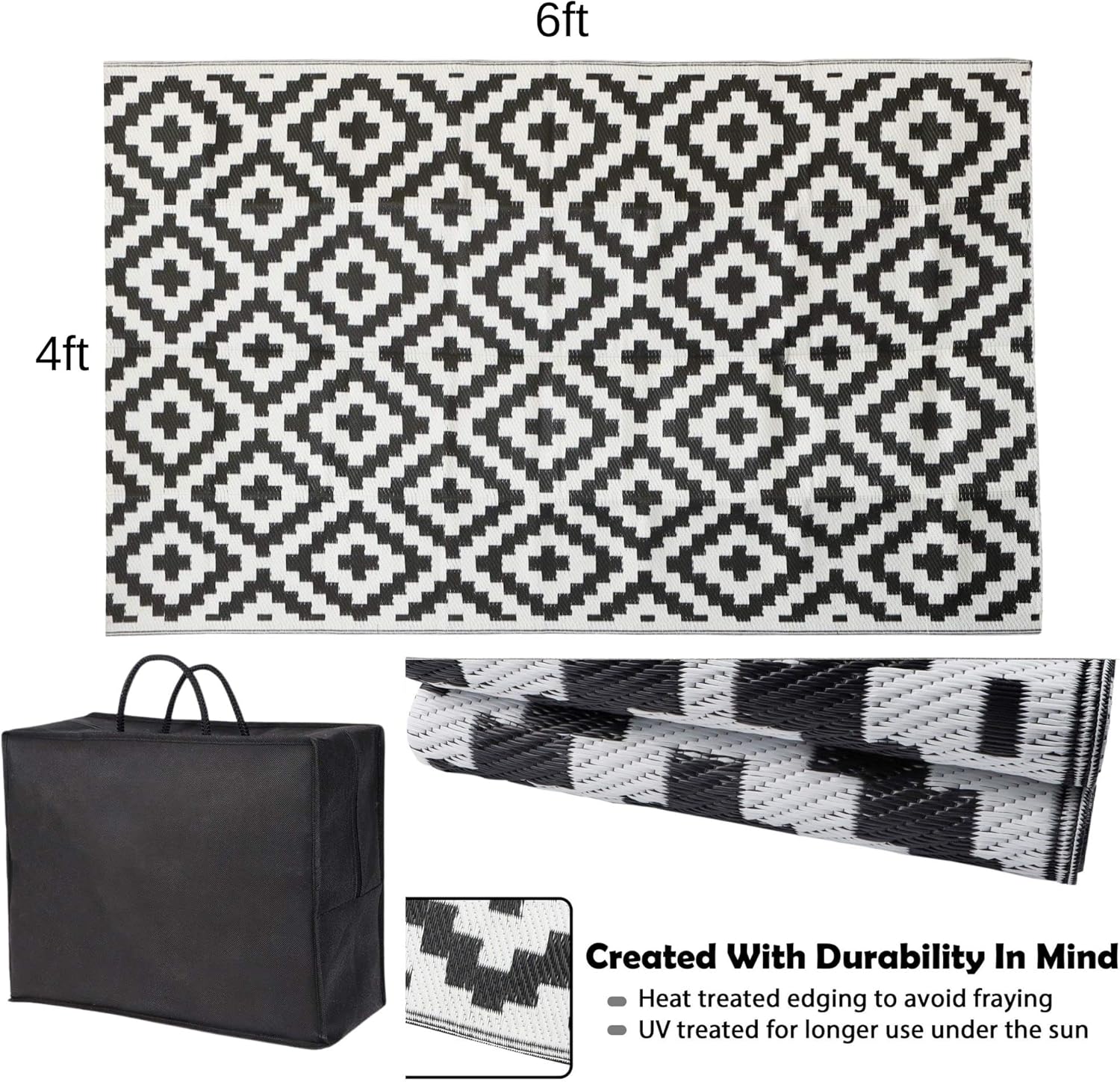 Alfombras de camping al aire libre, reversibles e impermeables, alfombras de plástico para porches de vehículos recreativos, negro-blanco 4×6 pies