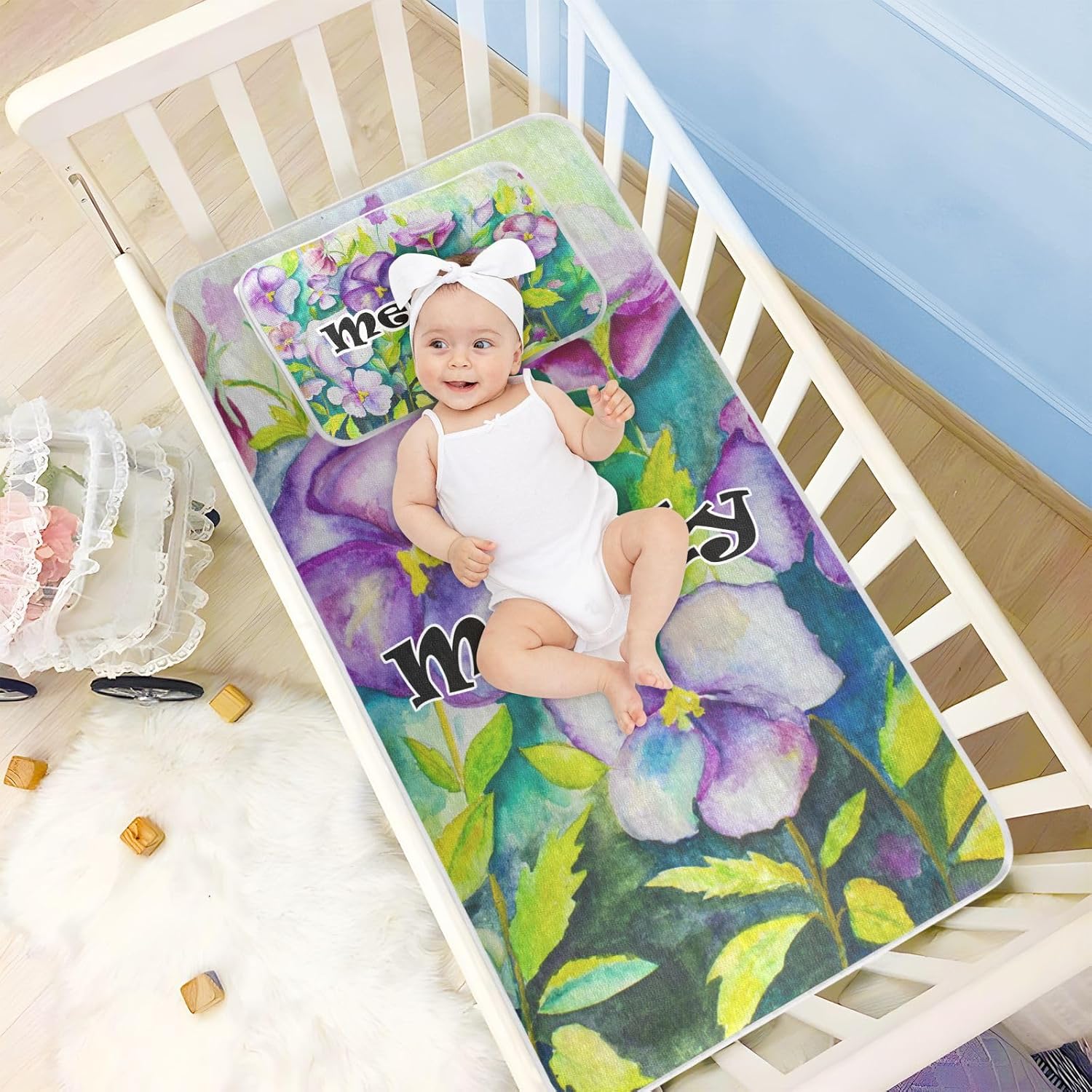 Custom Watercolor Flowers Crib Mattress Protector Pad for Boys Girls Baby Ice Silk Mat Bed Crib Mattress Pad Cover Cooling Mattress Topper Play Mat
