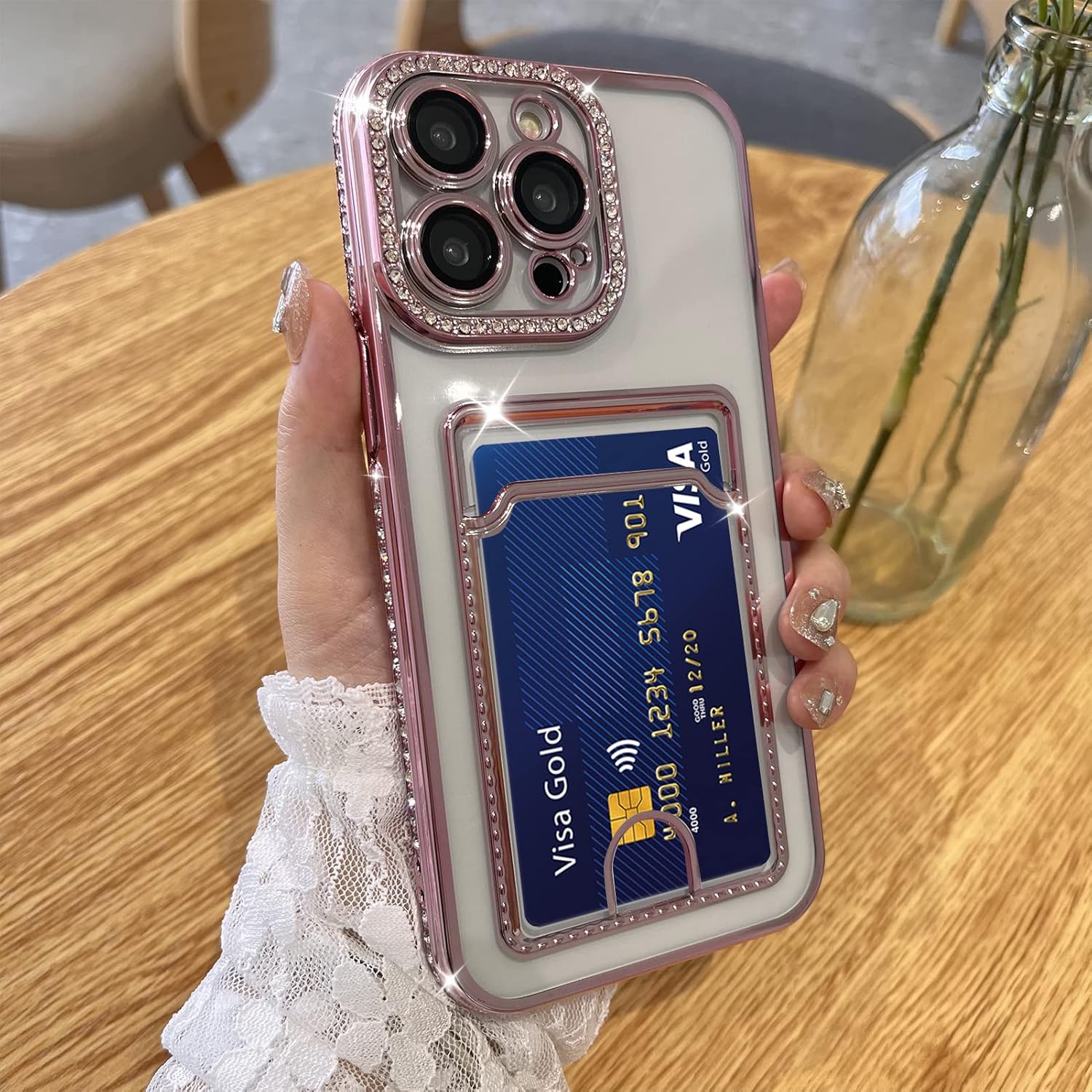 MZELQ Funda tipo cartera chapada para iPhone 13 Pro, tarjetero con diamantes con purpurina brillante, protección de la cámara, funda de lujo + 2