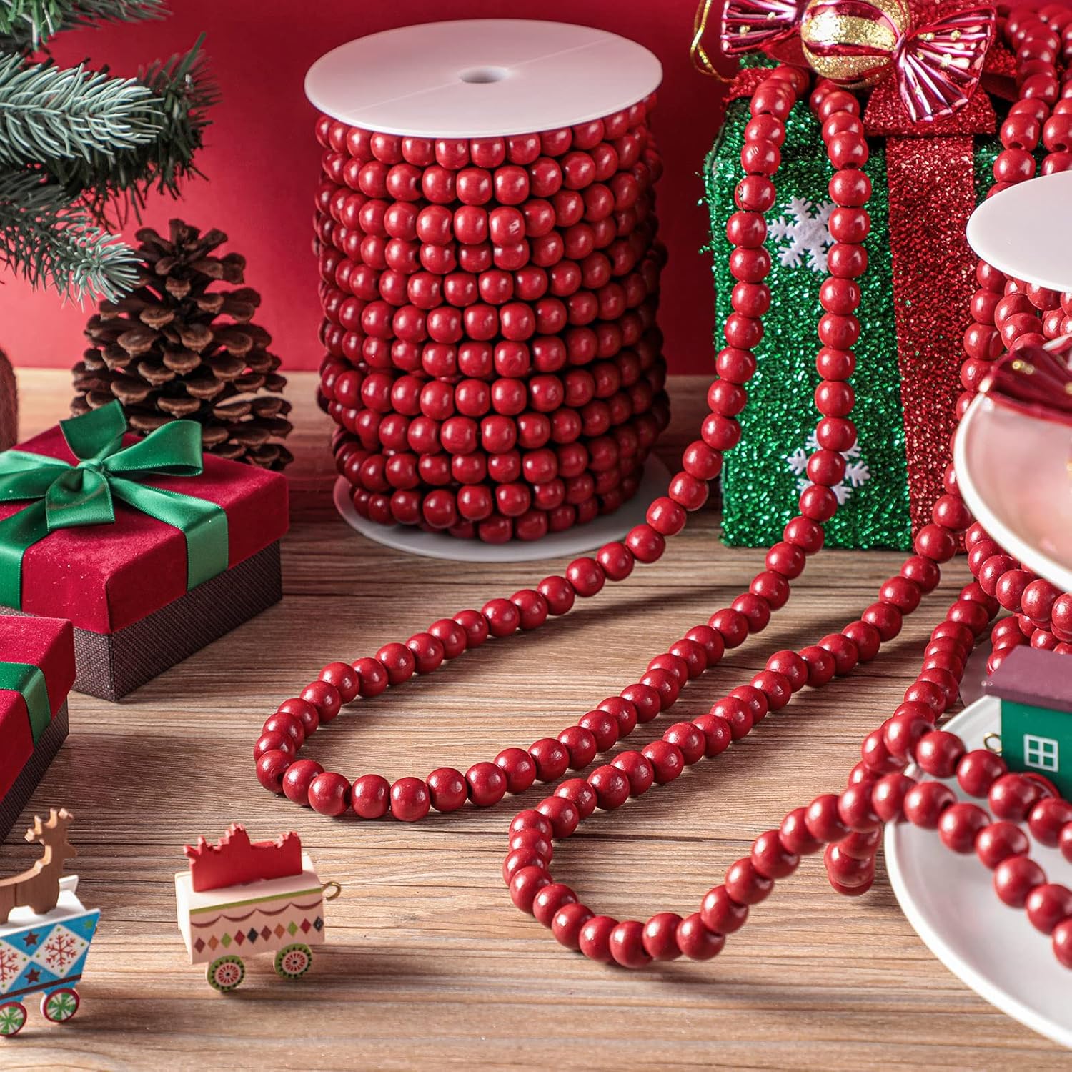 2 guirnaldas de madera de 66 pies en total para decoración de árbol de Navidad, guirnalda de Navidad hecha a mano, guirnalda bohemia de granja,