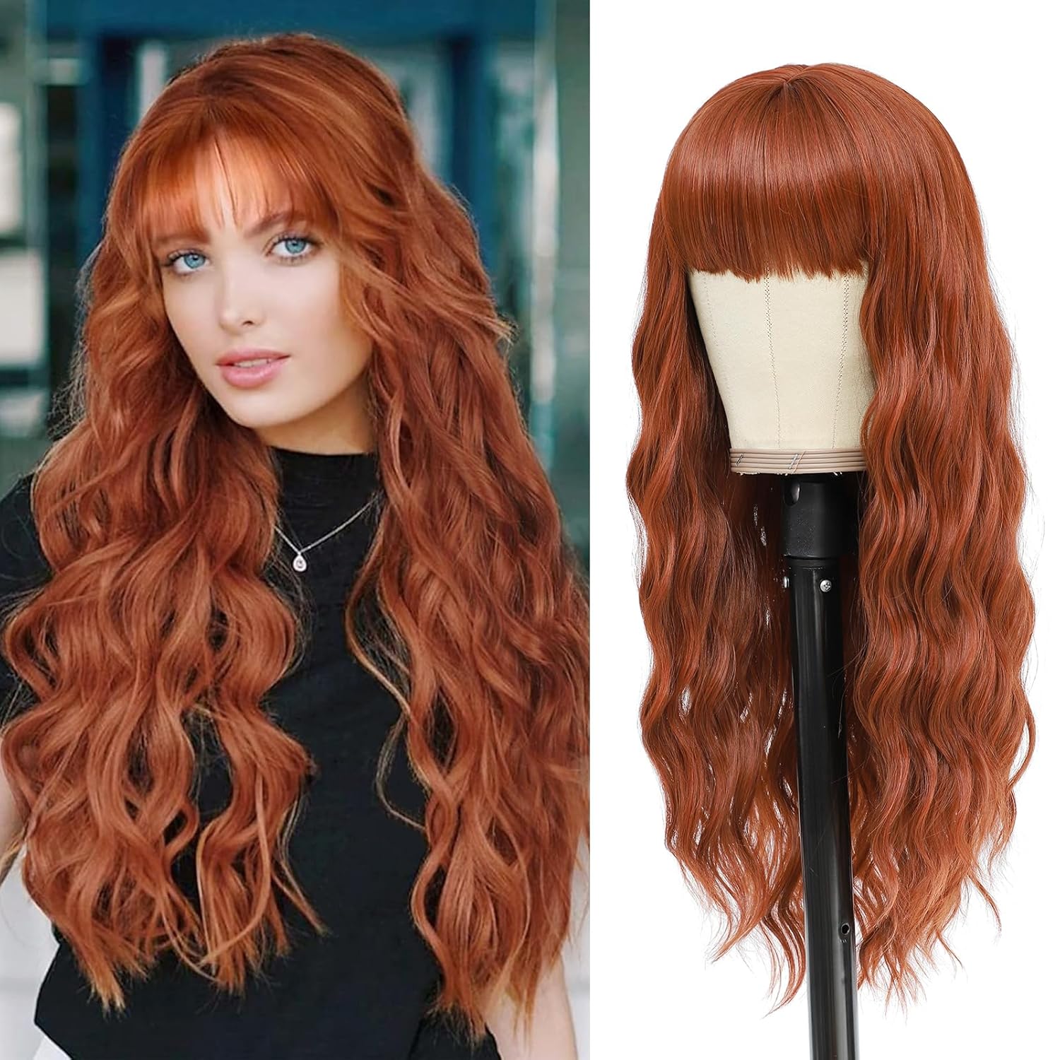 VERNA Peluca castaño rojizo con fleco, pelucas de 26 pulgadas de largo castaño rojizo para mujer, peluca de cabello castaño castaño de aspecto