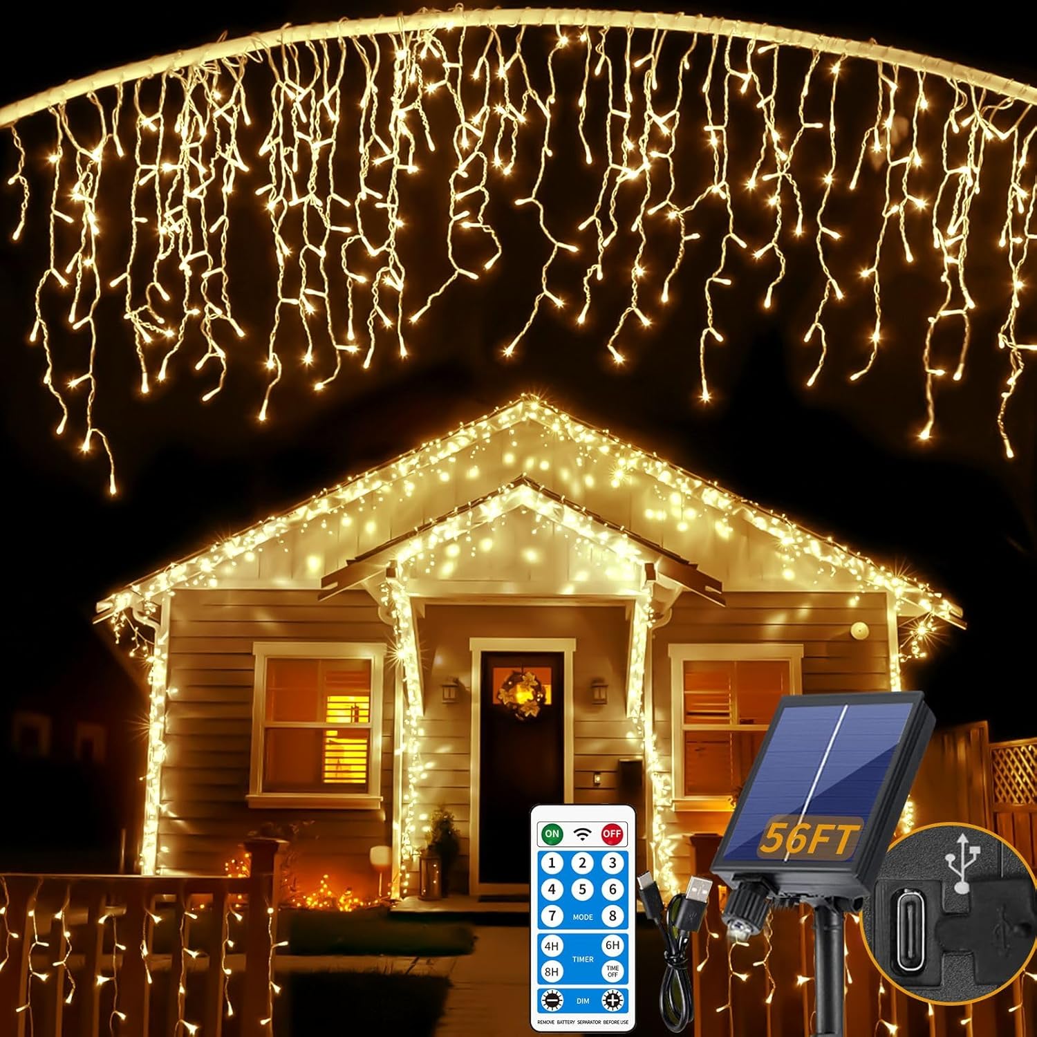 Luces solares de carámbano para decoración al aire libre  506 luces LED de Navidad de carámbano para exteriores, impermeables, con control remoto, 8