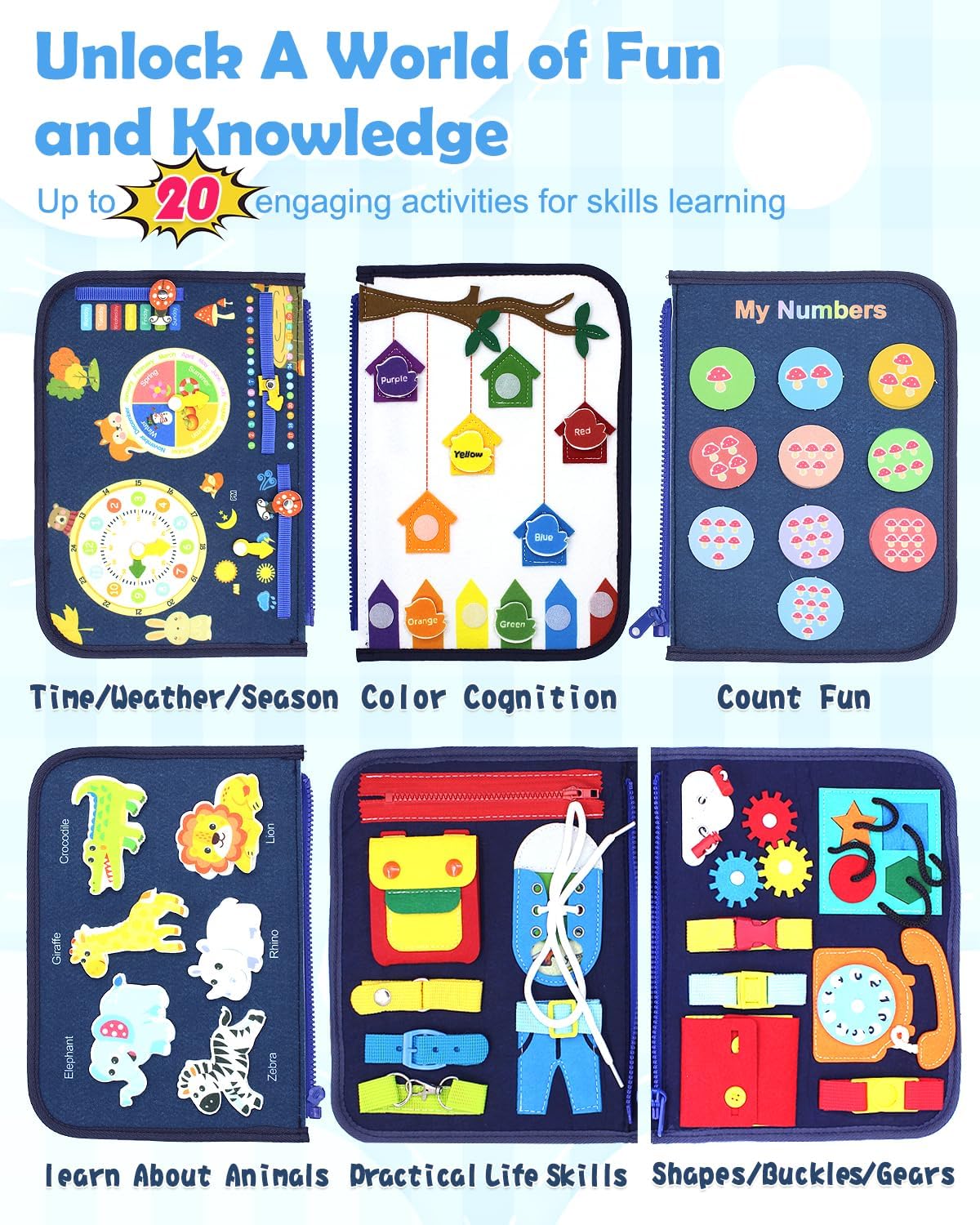 VARANO Montessori – Libro de mesa de juguete para niños de 1, 2, 3 años, juguetes sensoriales educativos para niños pequeños de 1 a 3 años,