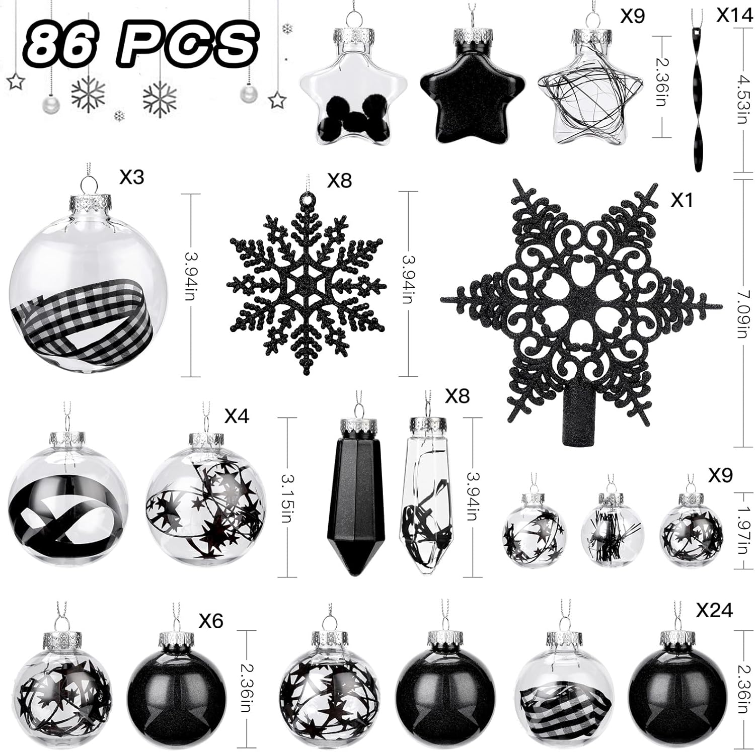SHareconn Juego de 86 bolas de Navidad transparentes, de plástico inastillable, adornos colgantes con relleno delicado para decoración del árbol de