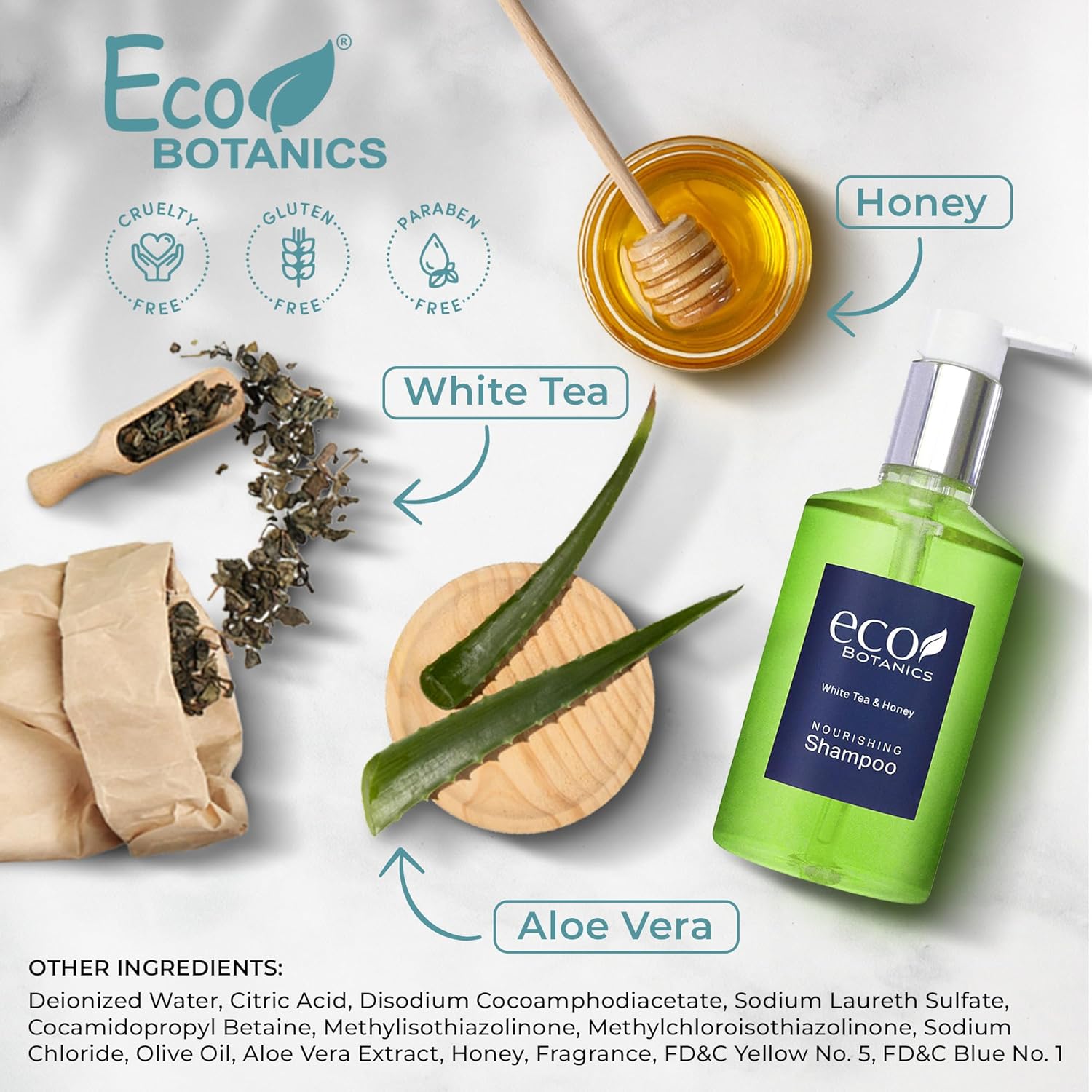 Terra Pure  Eco Botanics Champú, té blanco y miel Amenidades del hotel tamaño minorista, 10.14 oz (individual)