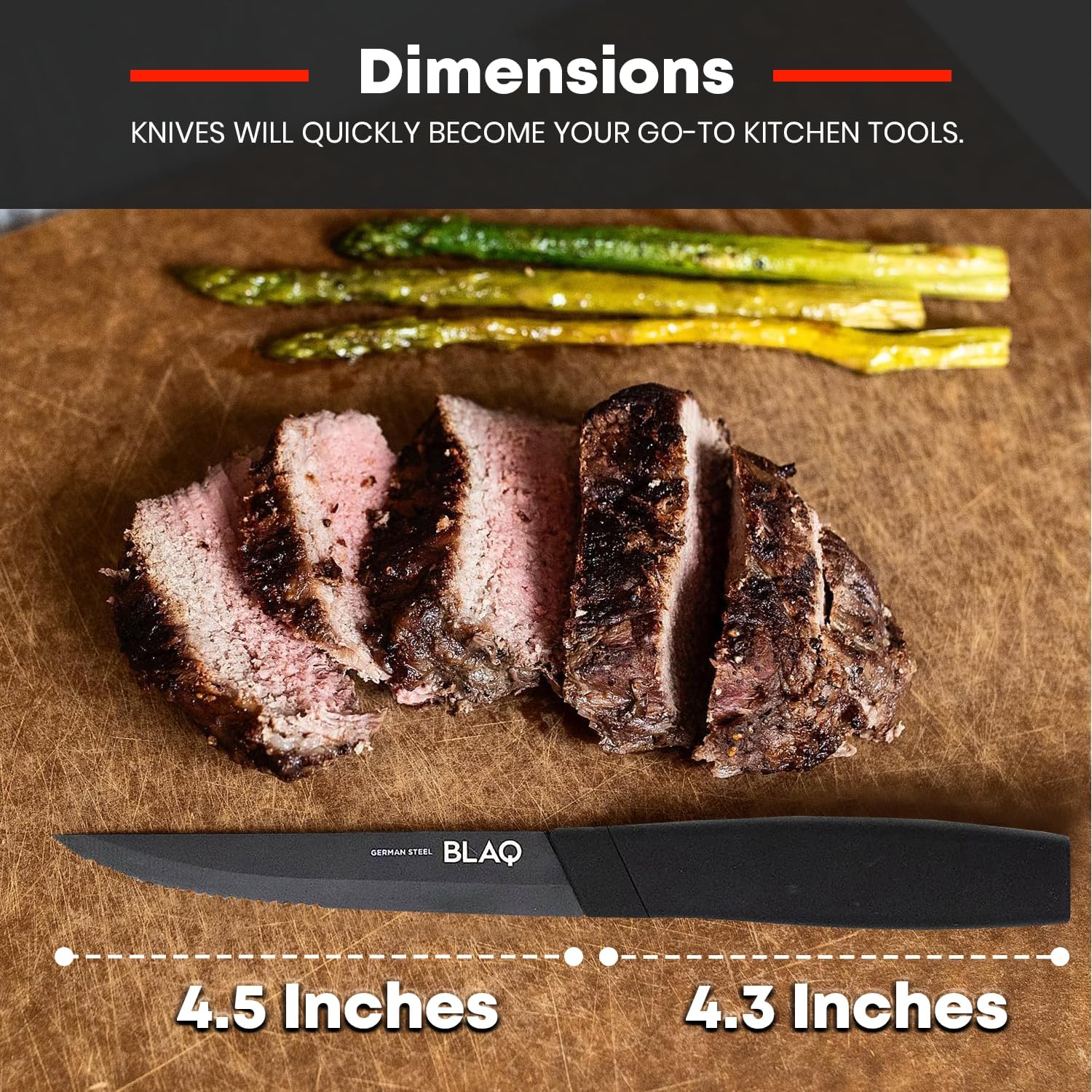 BLAQ Juego de 4 cuchillos para carne, cuchillos alemanes de acero inoxidable dentado con asas ergonómicas, aptos para lavavajillas, cuchillos para