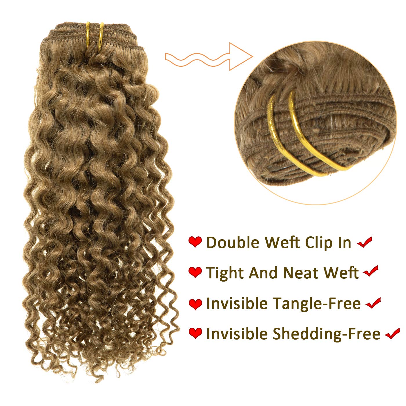 Anrosa Extensiones de cabello humano rizado con clip, 14 pulgadas, 3B 3C, extensiones de cabello rizado color rubio fresa, extensiones de cabello