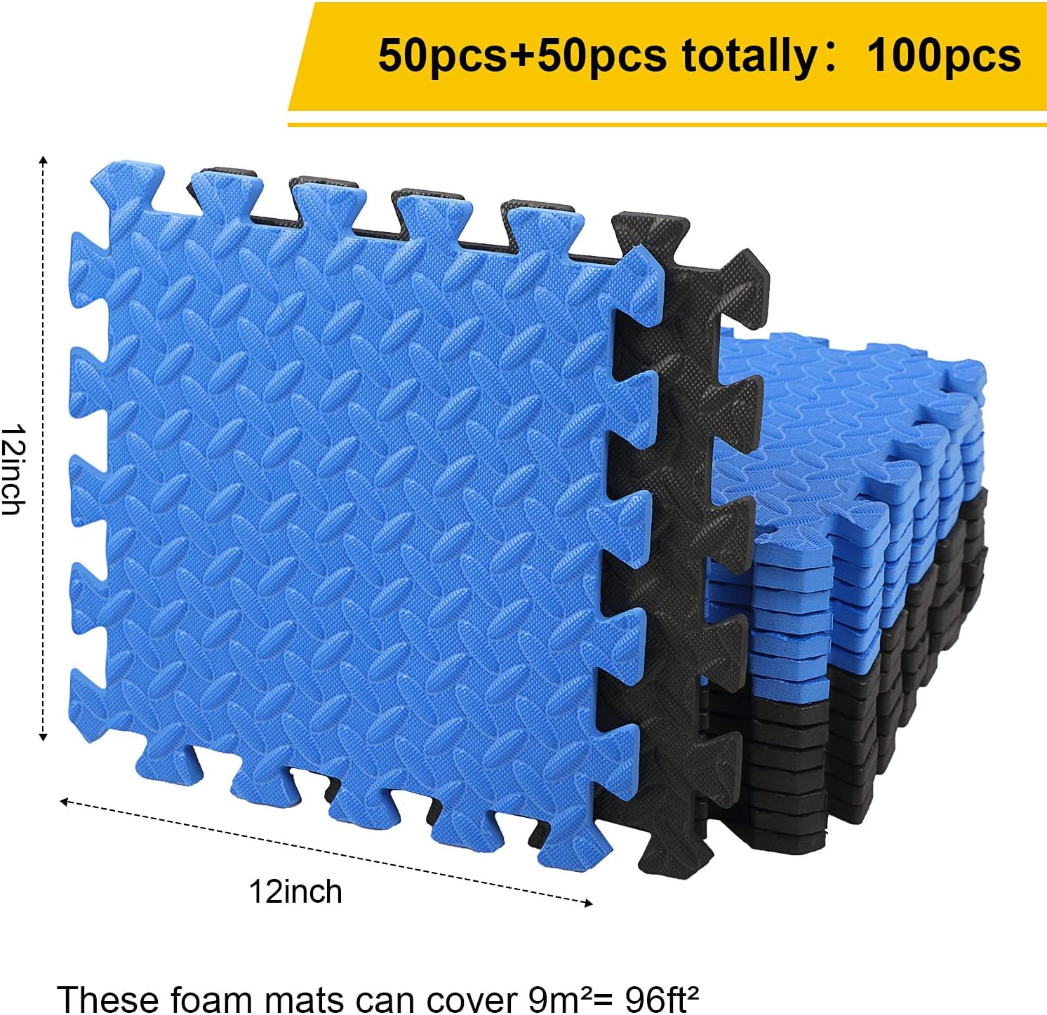 100 Pieces Foam Mats for Floor Covers 96 Sq Ft Puzzle Exercise Mat Square Interlocking Carpet Tiles with Border Protective Gym Floor Tiles For