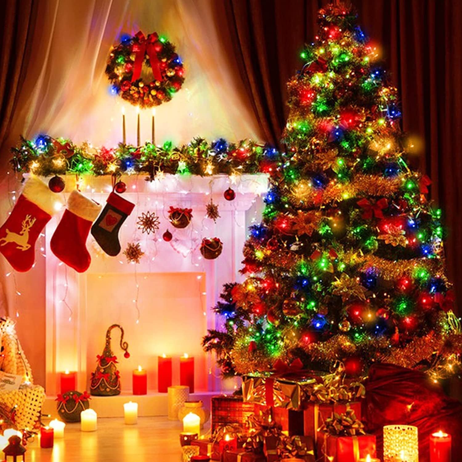 TURNMEON Paquete de 2 luces con temporizador y 8 modos miniluces de Navidad, total de 100 luces LED de 33 pies, funciona con pilas, impermeables,