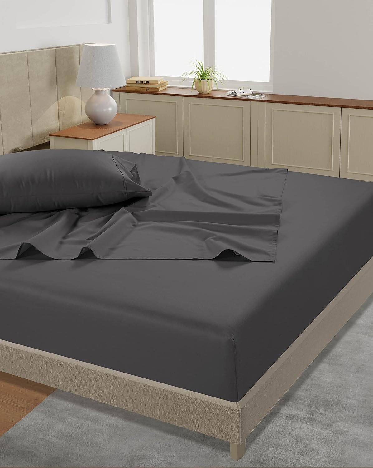 LANE LINEN – Sábanas tamaño California King, 450 hilos, 100% algodón, refrescantes, transpirables, con bolsillo profundo, 4 piezas, color carbón