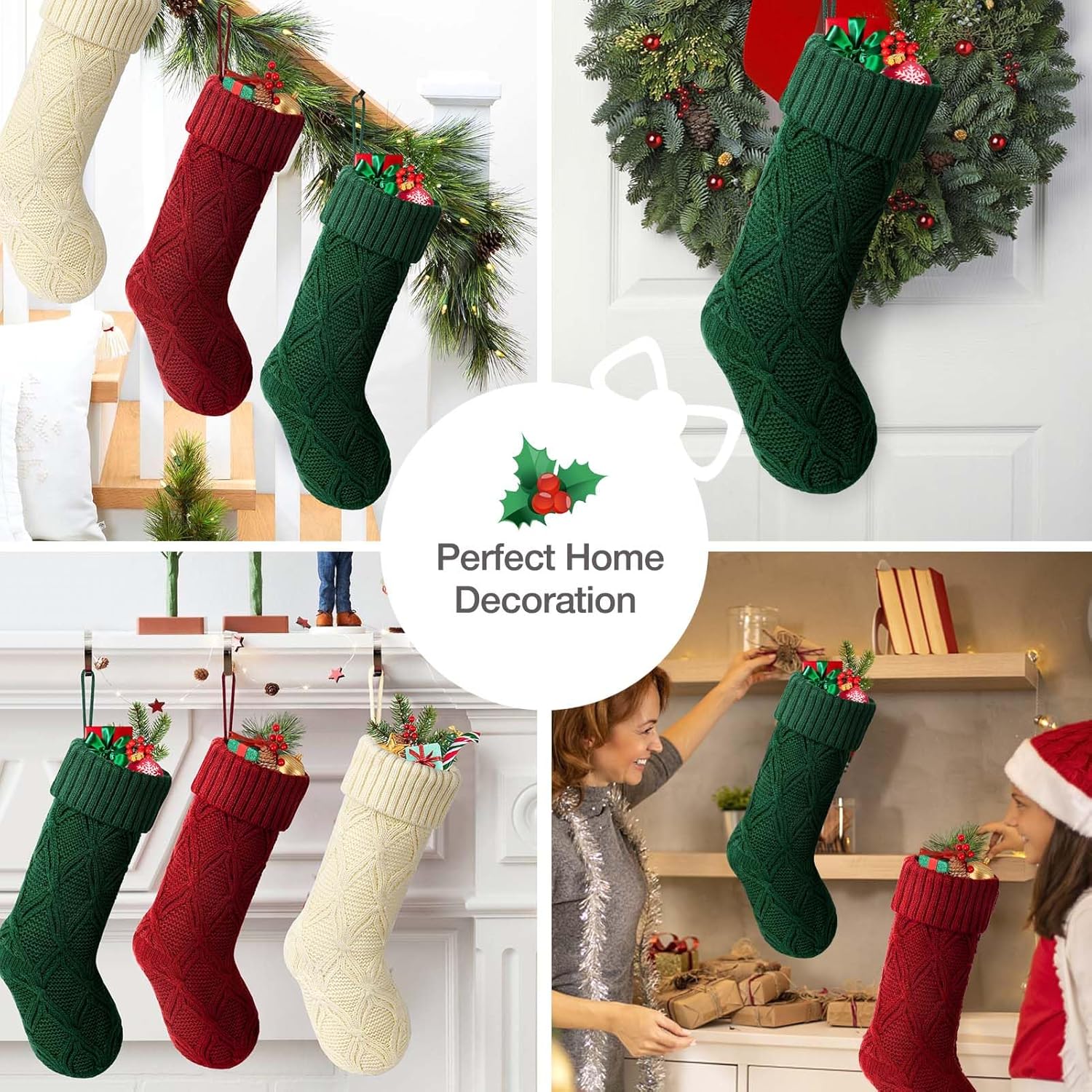 Hommtina Medias de Navidad, medias de Navidad personalizadas de 18 pulgadas, tamaño grande, punto trenzado, regalos (estilo 2, 6 unidades, blanco,