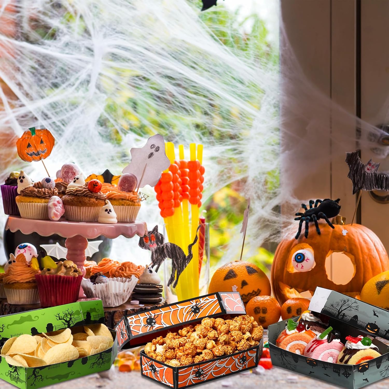 48 bandejas de papel desechables de Halloween para ataúd de Halloween, bandejas para nachos, cesta de servir truco o trato, botes de comida
