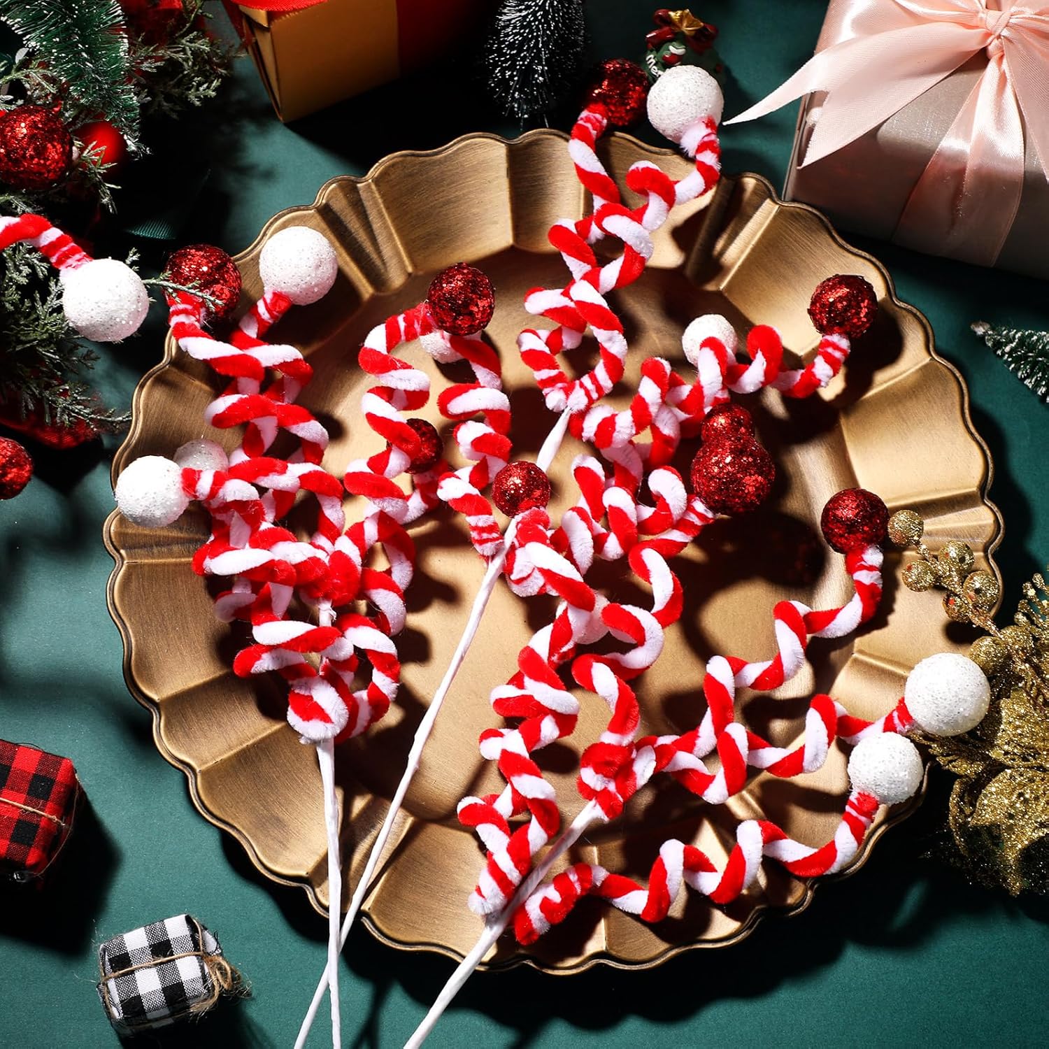 8 piezas de bolas de lentejuelas rojas y blancas para decoración de árbol de Navidad, decoración de árbol de Navidad hecha a mano con purpurina para