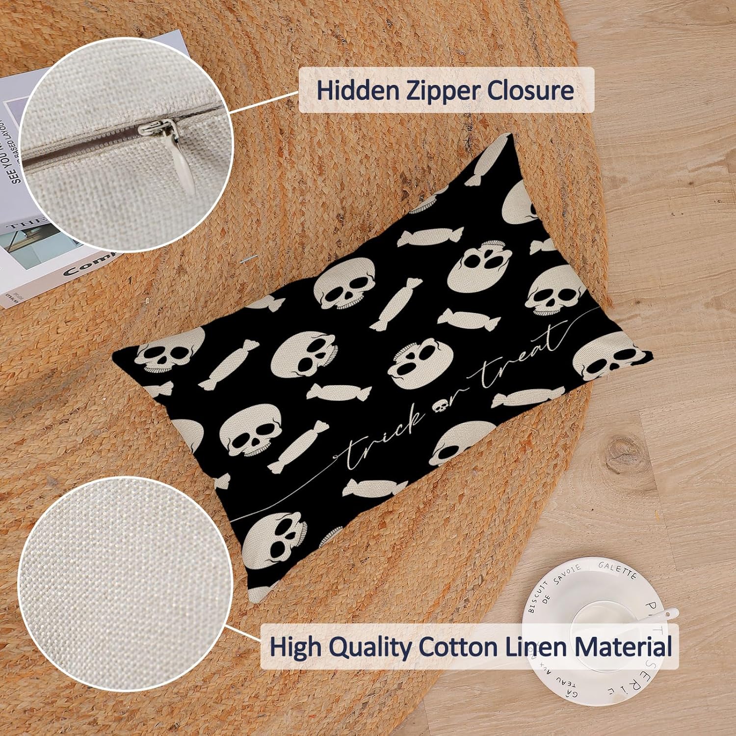 Fundas de almohada de Halloween de 12 x 20 pulgadas, juego de 4 fundas de almohada decorativas de truco o trato, fundas de almohada de gato negro,