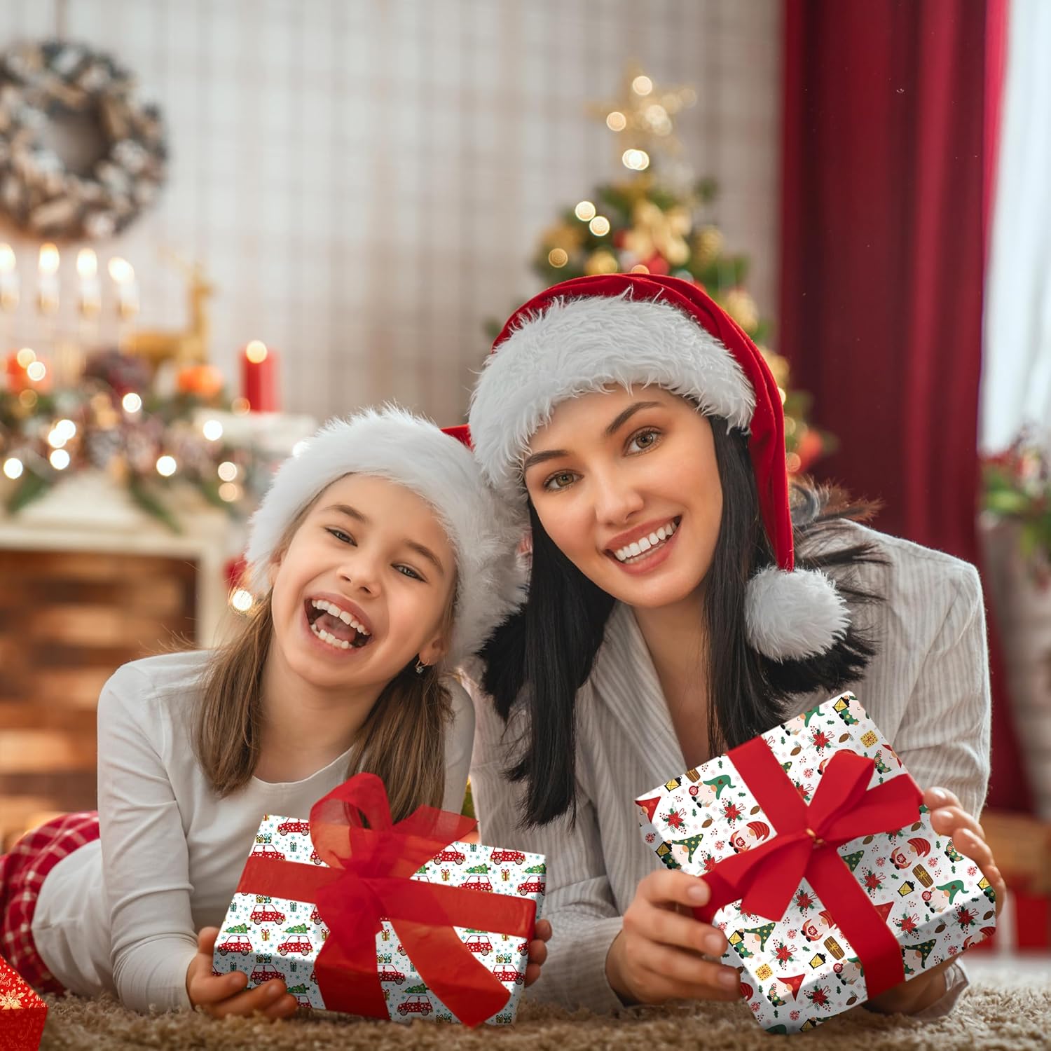 RiukRaiu Papel de regalo de Navidad para niños, hombres y mujeres. Diseño de Navidad, envoltura de regalo que contiene árbol, automóvil, copo de
