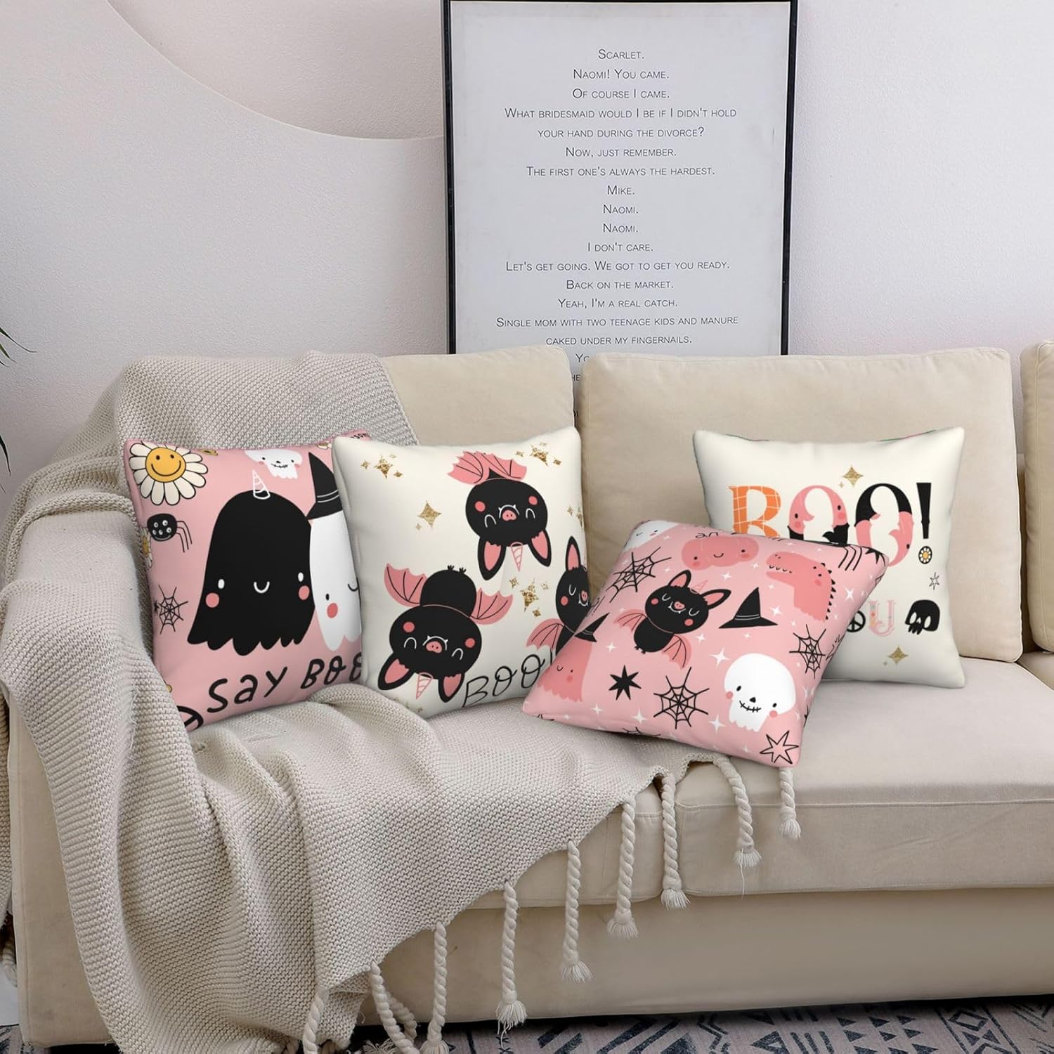 Juego de 4 fundas de almohada de Halloween, diseño de calavera con diseño de calabaza, fantasma, groovy, rosa, diseño de estrellas, flores,