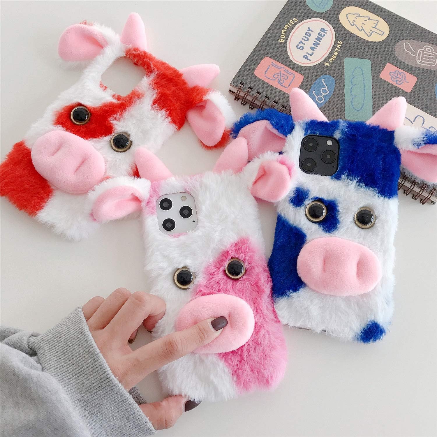 LUVI Funda 3D linda para iPhone 13 Pro, funda de felpa peluda para mujeres, funda de protección femenina de piel de vaca de dibujos animados
