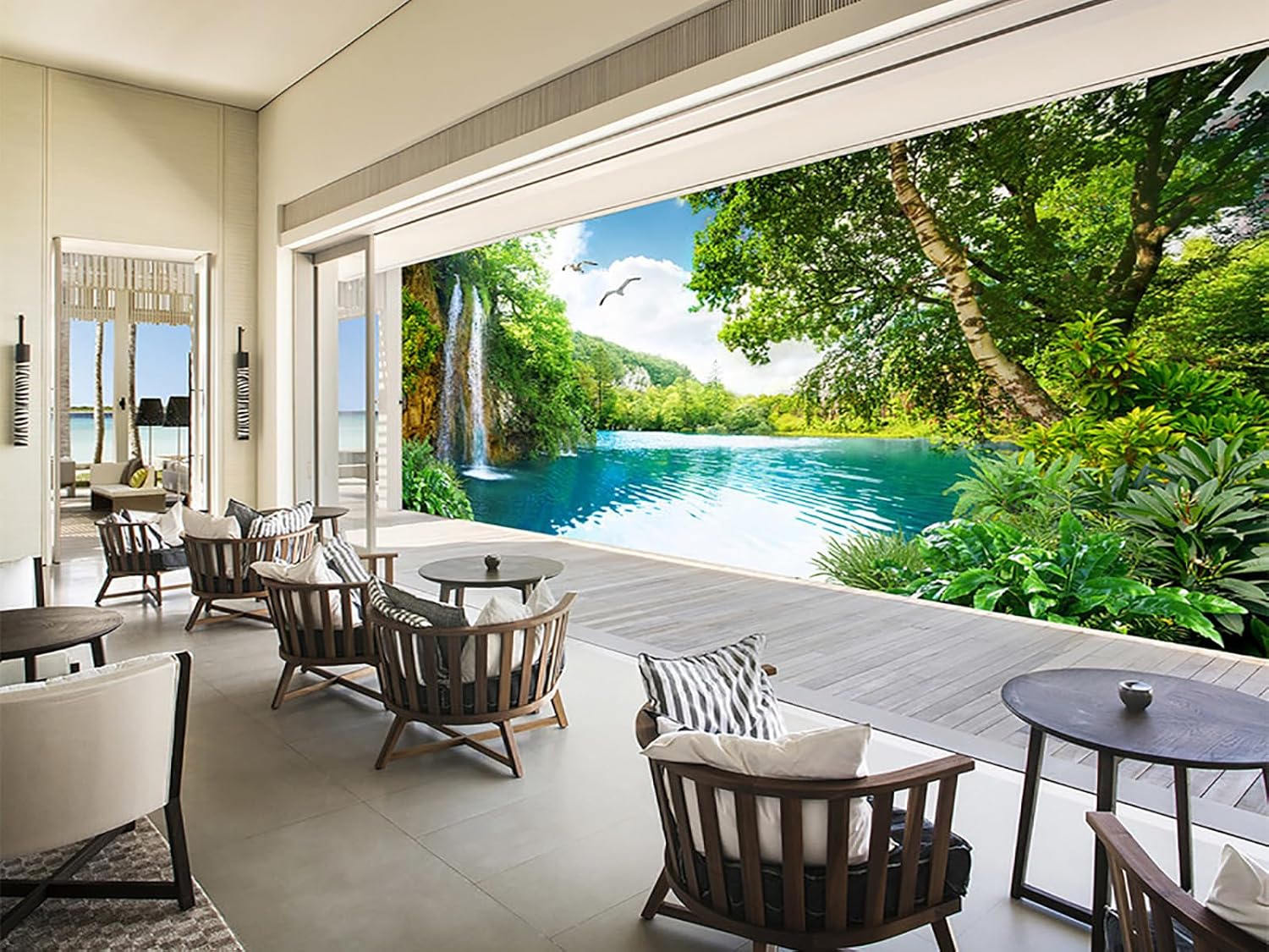 Pintura de paisaje 3D, paisaje de montaña, cascada, Jiangnan, paisaje junto al mar, cocoteros, sala de estar, sofá, comedor, dormitorio, TV, Mural