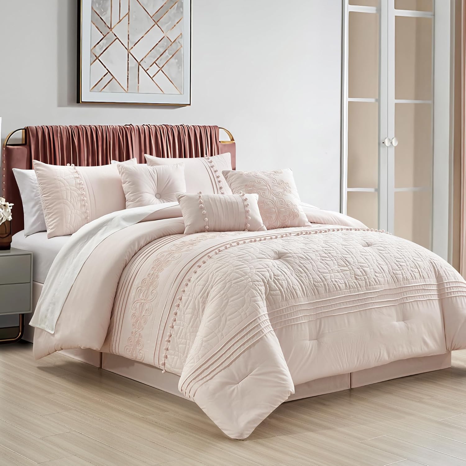 Chezmoi Collection Grace – Juego de edredón de 7 piezas de felpilla bordada con pompones, plisados, color rosa rubor, tamaño Queen