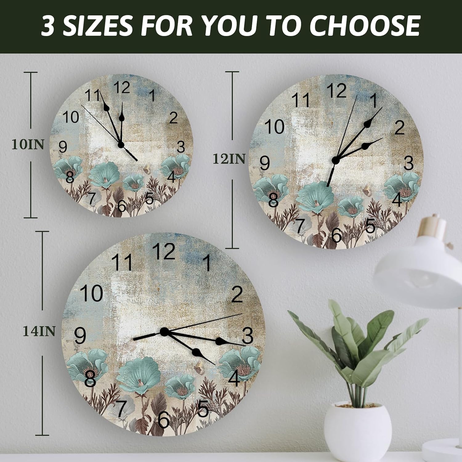 12 Inch Wall Clock Non-Ticking Silent Battery Operated Abstract Art Vintage Texture Teal Flowers Round PVC Wall Clock Decorative for