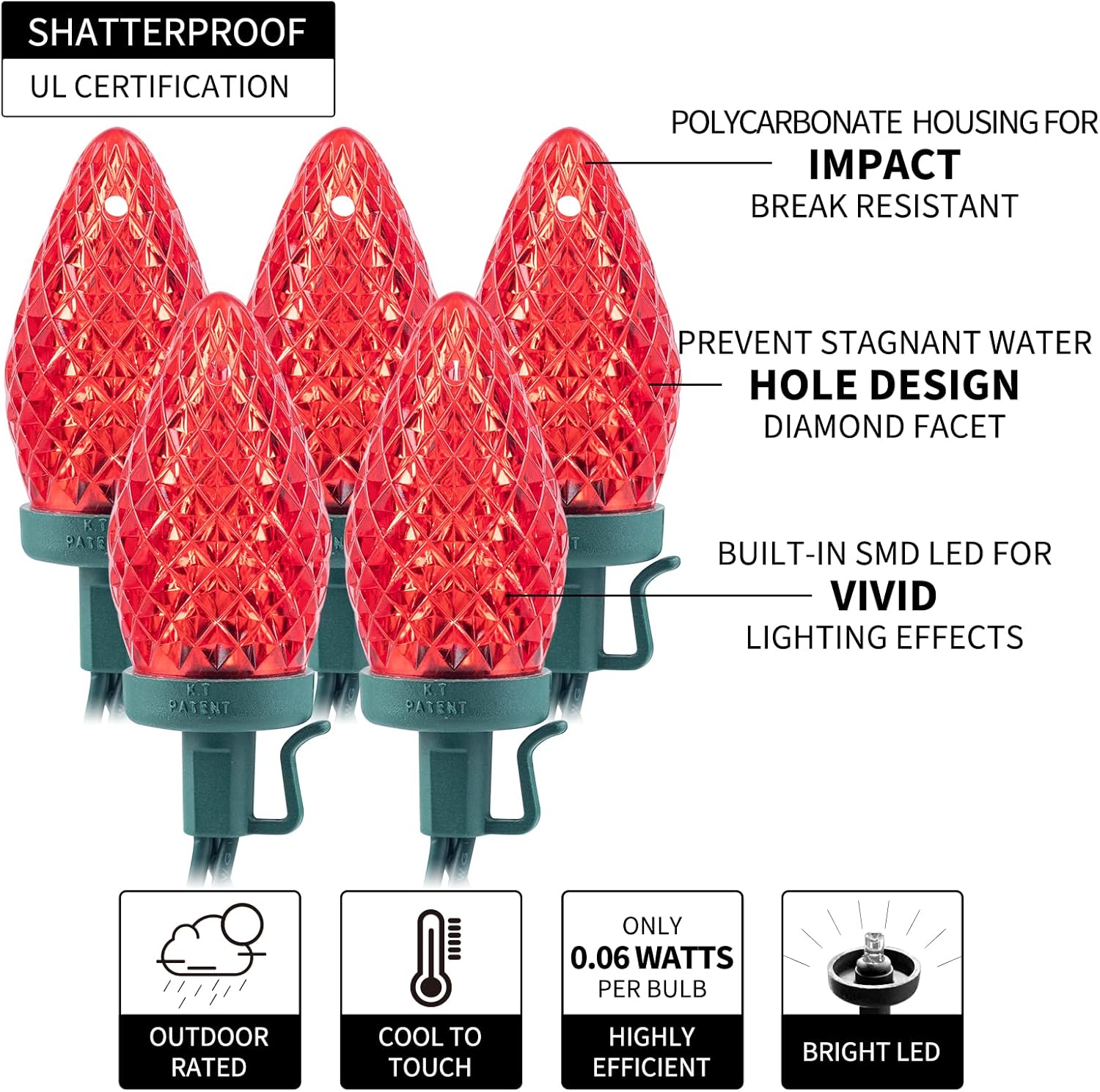 Brightown C9 – Tira de luces LED de Navidad, 33 pies, 50 luces LED impermeables de fresa, cadena de luces de alambre verde extensible para