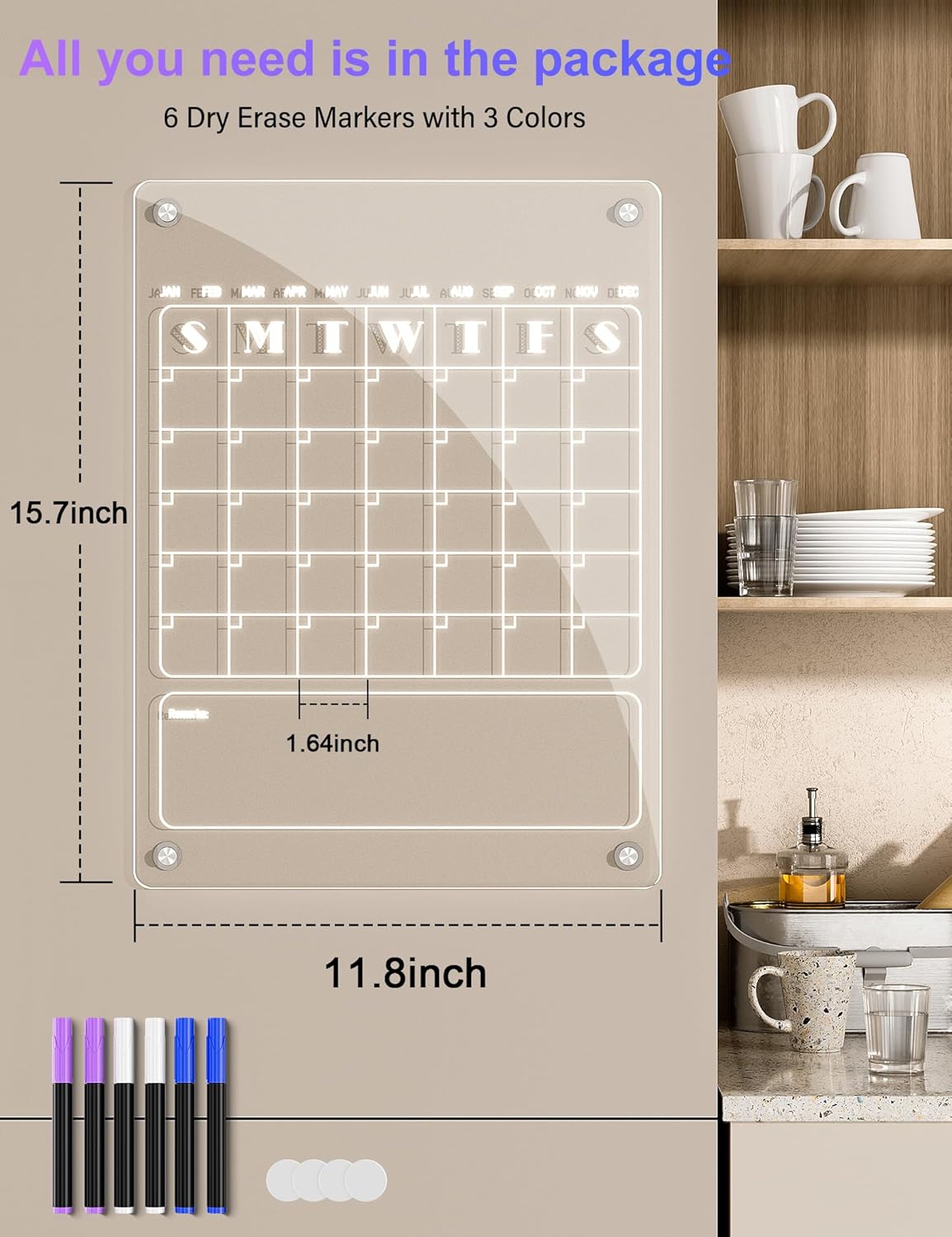 Calendario semanal mensual magnético acrílico para refrigerador, 2 juegos de calendario magnético transparente para refrigerador, planificador