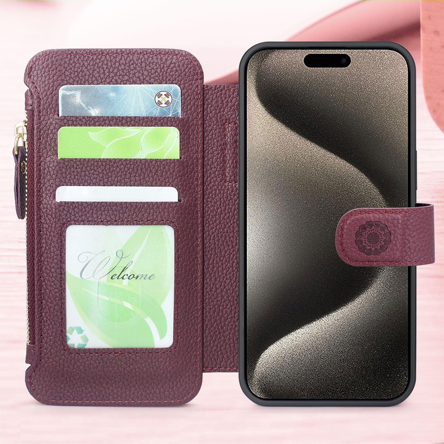Harryshell Funda compatible con iPhone 15 Pro, con carga inalámbrica MagSafe con 3 ranuras para tarjetas, bolsillo con cremallera, bolsillo con