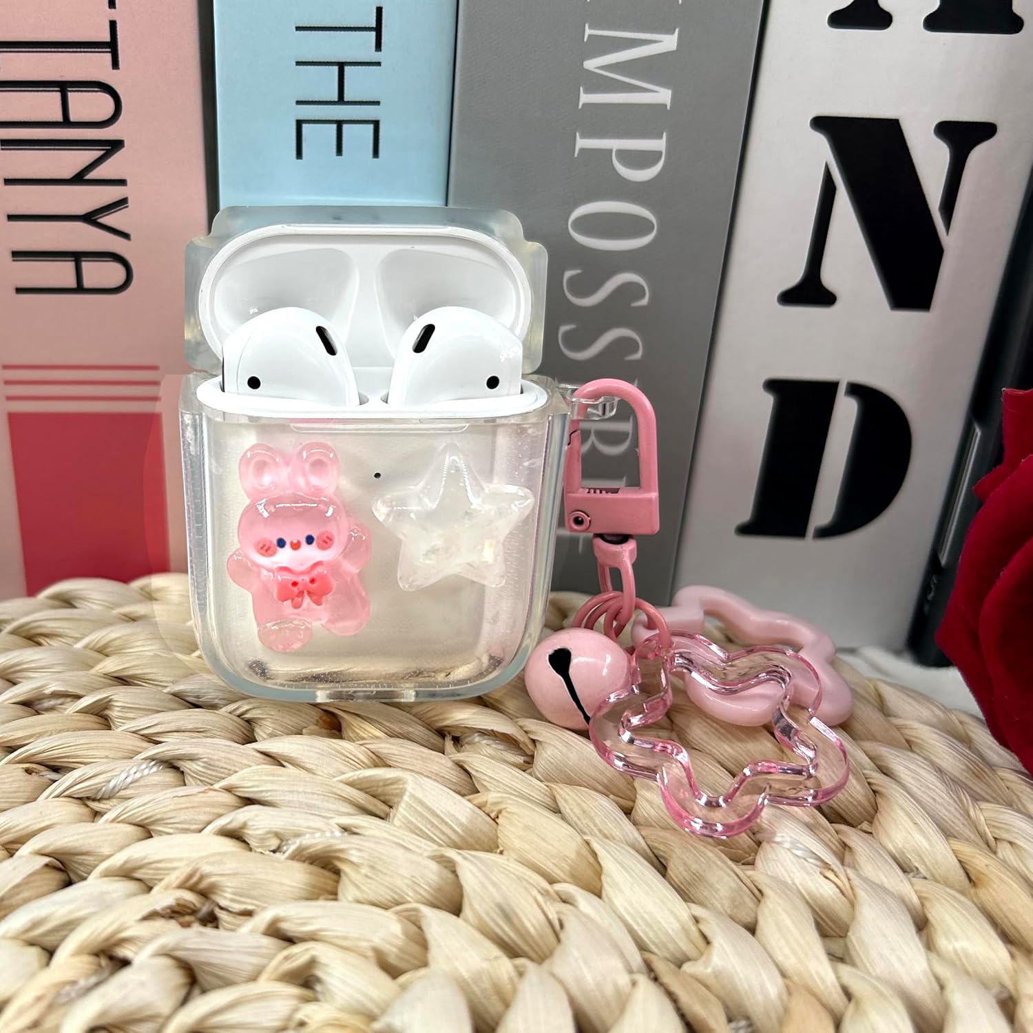 Linda funda de auriculares transparente con diseño de conejo y estrella compatible con AirPods de 2 generación