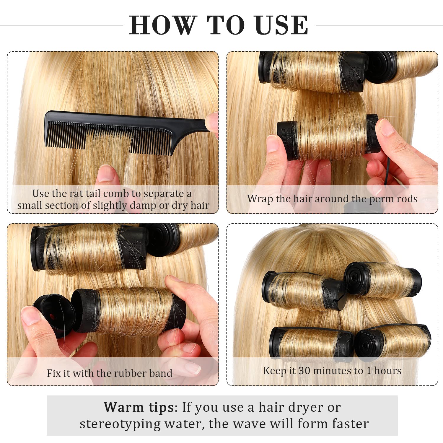 36 piezas de varilla de cabello ondulado frío, rodillos de cabello permanentes, rizadores con peine de cola de rata de acero para peluquería (negro,