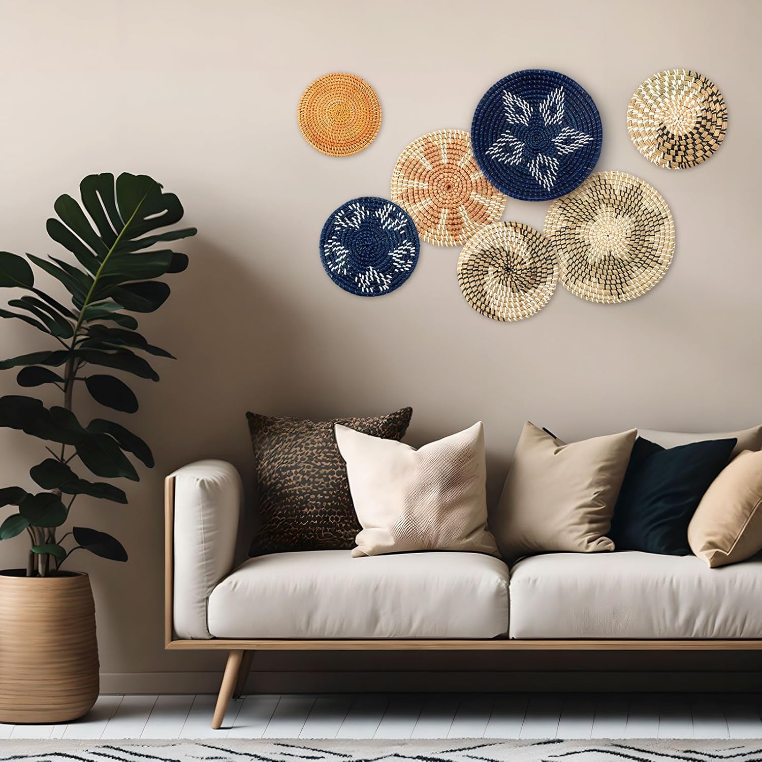 Xuhal Juego de 8 cestas de pared tejidas colgantes hechas a mano, decorativas, rústicas, bohemias, decoración de pared hecha a mano de mimbre