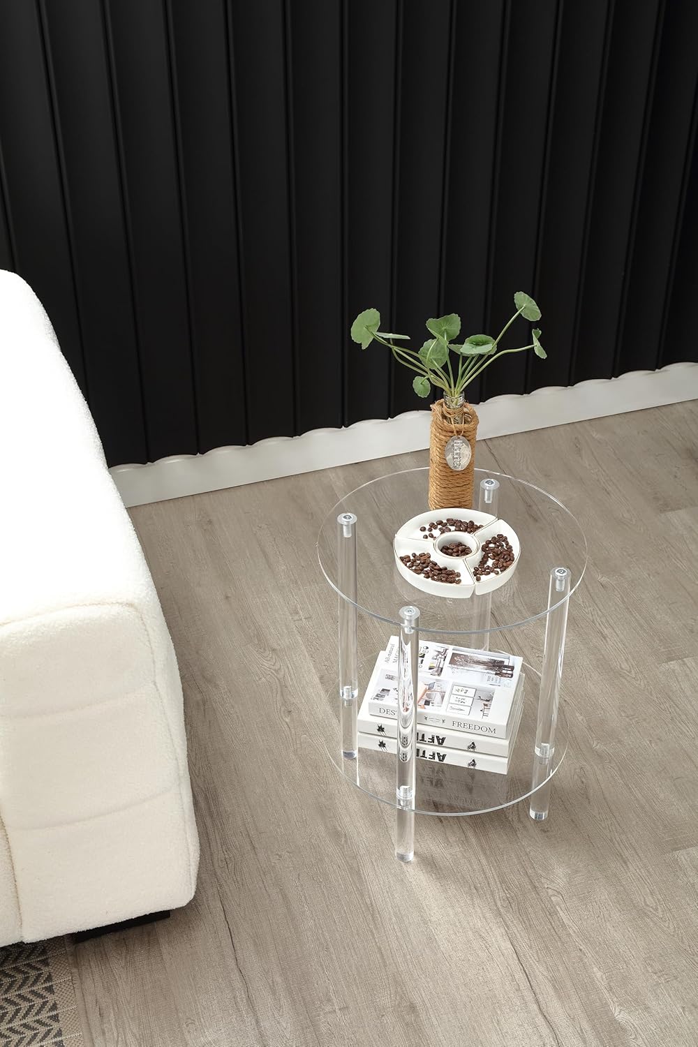 homzone Mesa auxiliar de acrílico transparente, mesa auxiliar, diseño de 2 niveles, para sala de estar, dormitorio, 16 pulgadas de largo x 16