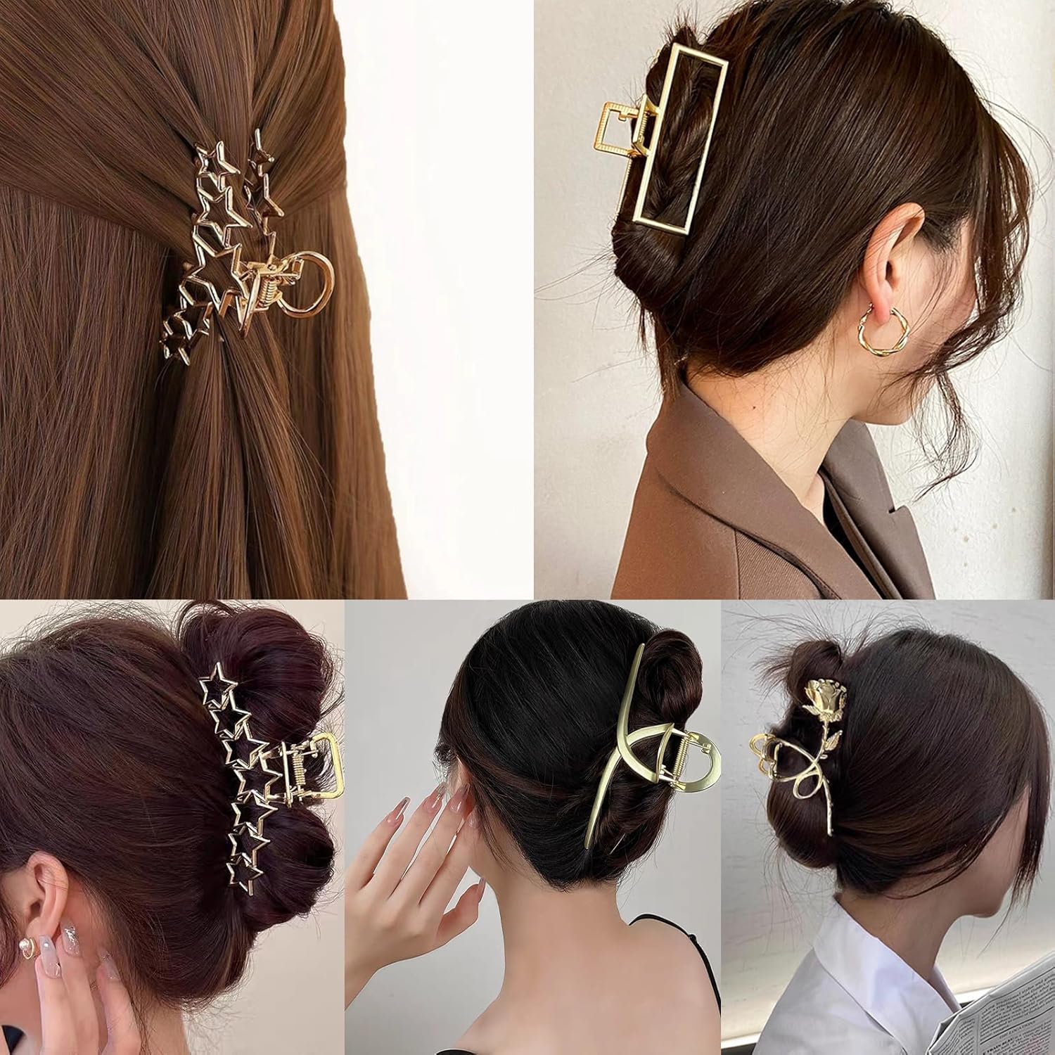 MHDGG Paquete de 6 pinzas de metal grandes para el cabello para mujer, diseño de mariposa, flor, estrella, rectangular, antideslizantes, pinzas
