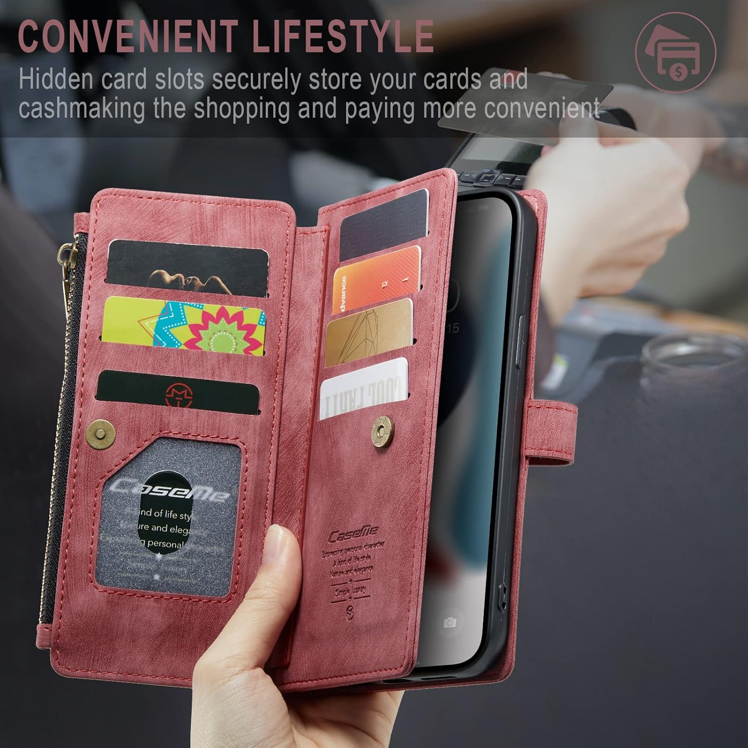 Funda tipo cartera para iPhone 13 Pro Max 5G con soporte para tarjetas, soporte magnético con cremallera, bolsillo y correa de muñeca, funda de