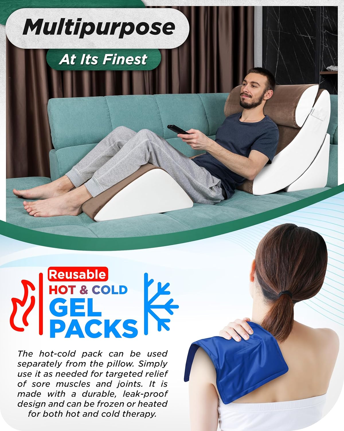 Lunix LX5 - Juego de 4 almohadas ortopédicas de cuña para cama, espuma viscoelástica poscirugía para espalda, alivio del dolor de piernas, almohada - Imagen 7