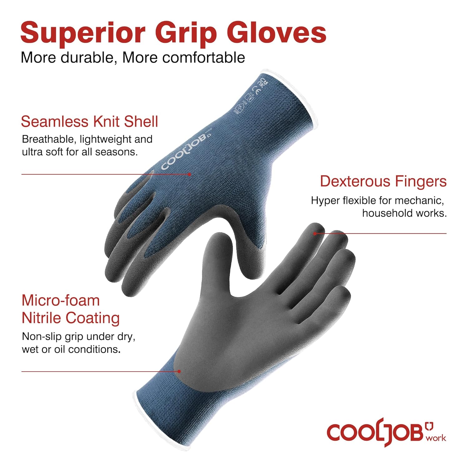 COOLJOB Guantes de trabajo de seguridad de nitrilo de microespuma con dedos para pantalla táctil, 6 pares de guantes de trabajo ligeros para manos