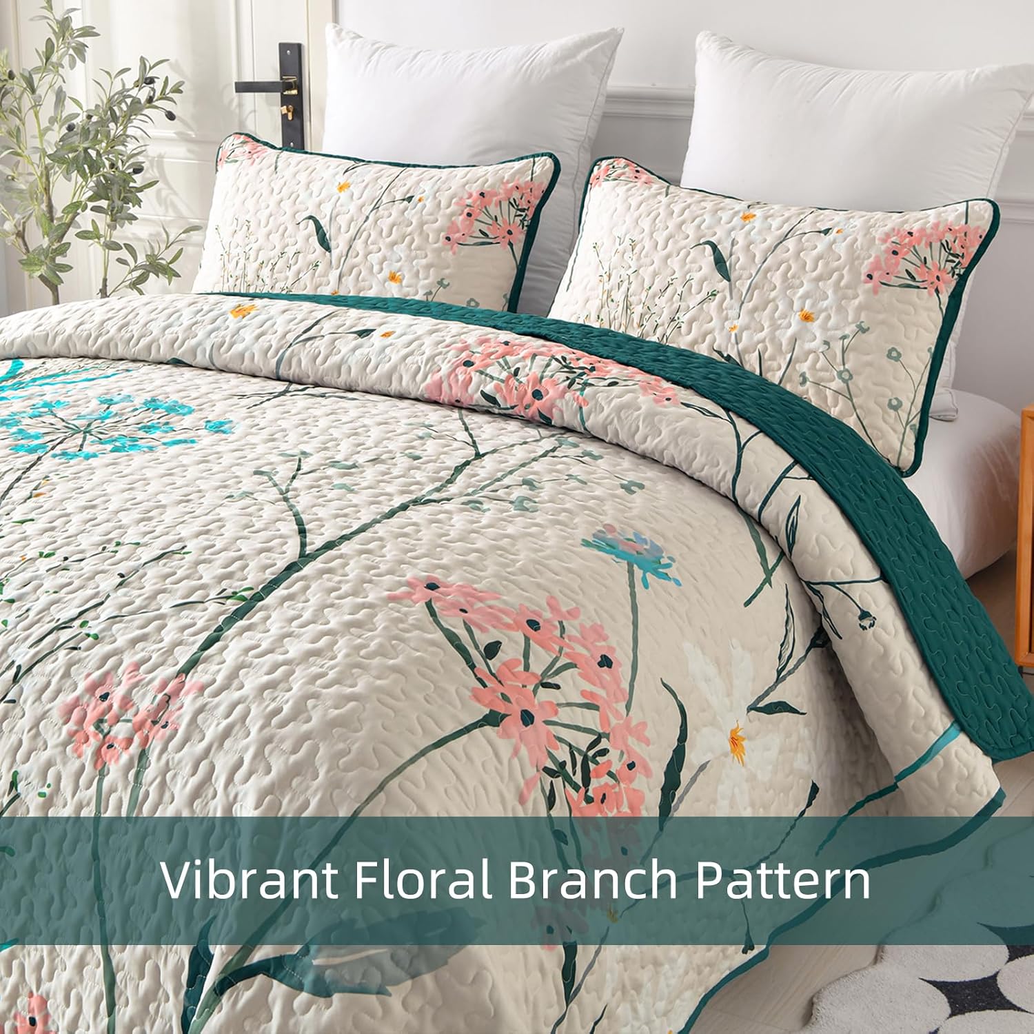 Juego de edredón floral tamaño Queen, juego de colcha botánica beige de 3 piezas de microfibra suave y ligera para todas las estaciones, 96 x 90