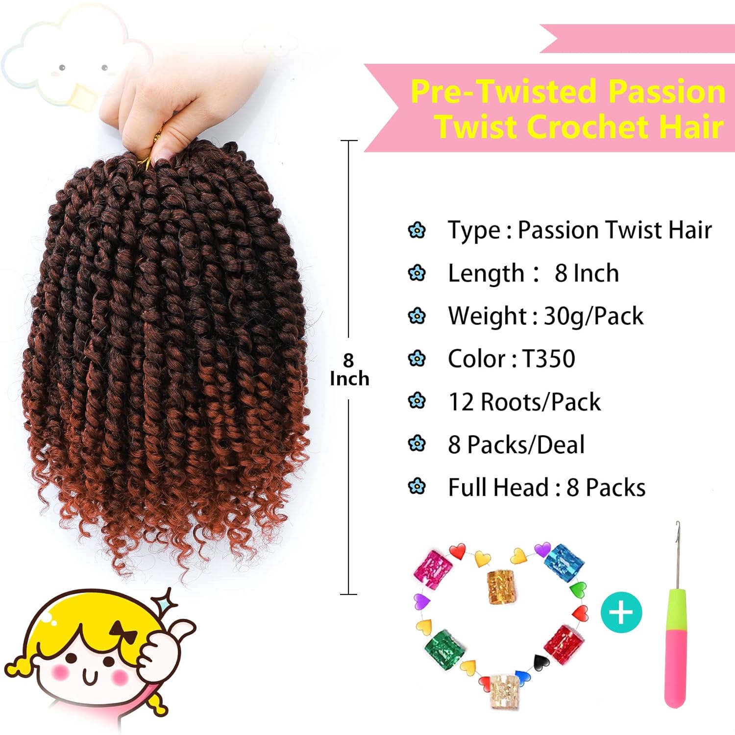 Fulcrum Cabello Passion Twist de 8 pulgadas, 8 paquetes de cabello de ganchillo Passion Twist para mujeres negras, cabello pretrenzado de ganchillo