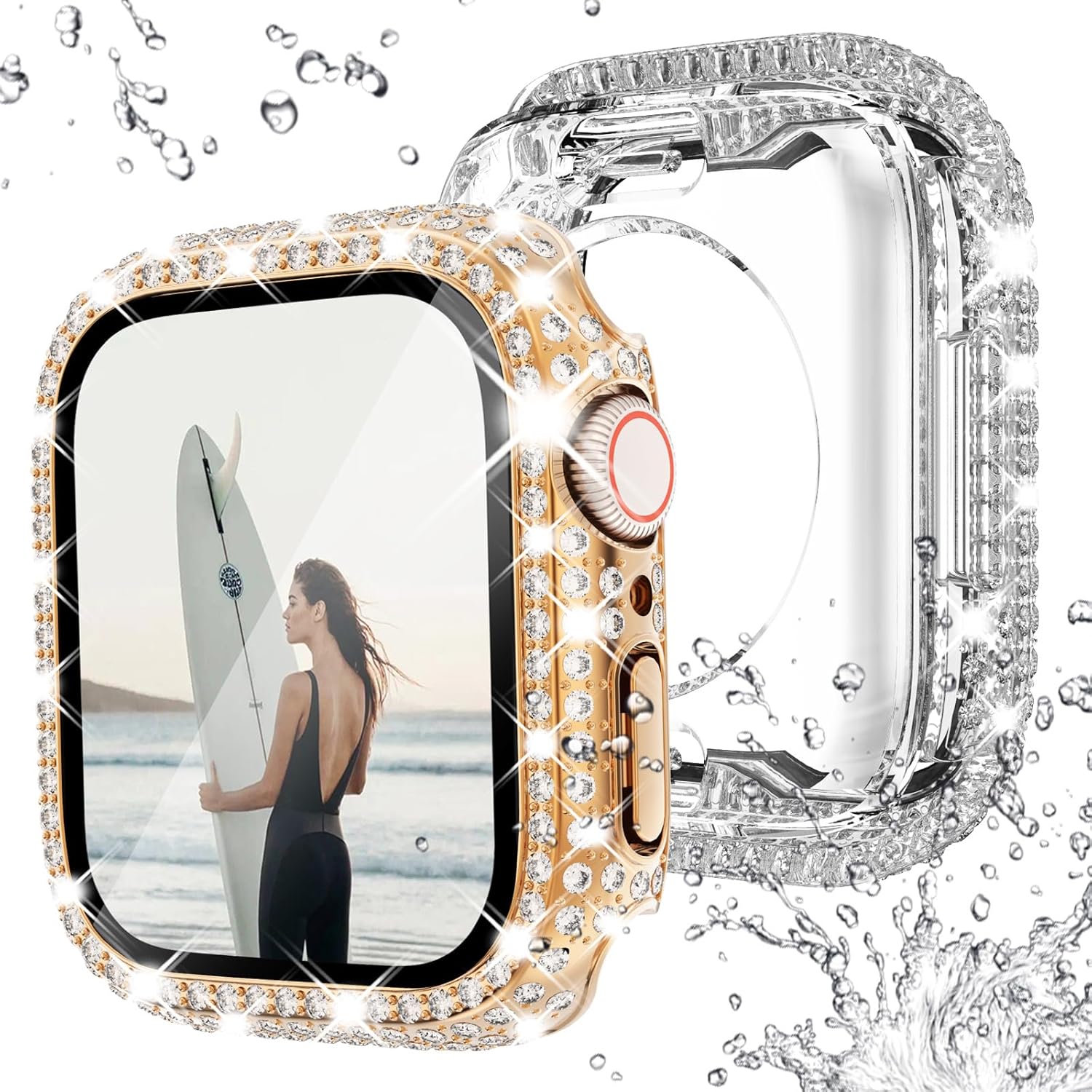 NewWays Paquete de 2 fundas impermeables 2 en 1 para Apple Watch Series 8 y Series 7 de 1.772 in, protector de pantalla con diamantes de imitación
