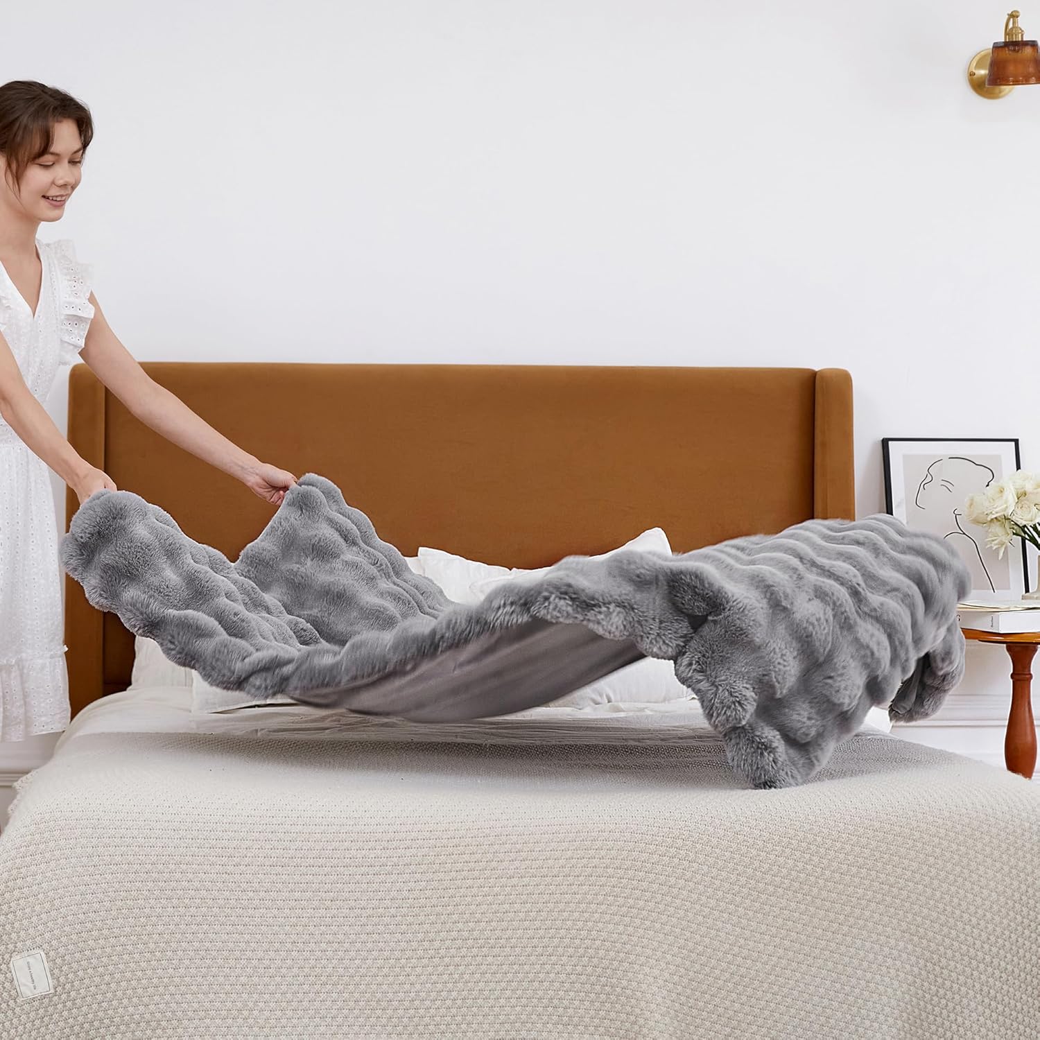 CozyBloom Manta de piel sintética suave de lujo para sofá, manta decorativa y acogedora de felpa larga y esponjosa, manta peluda de forro polar gris