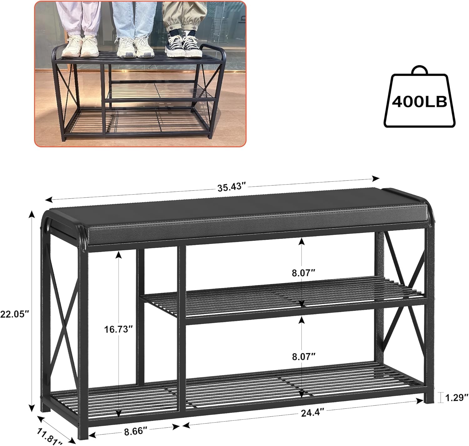 Banco de entrada, banco de zapatos de 3 niveles con asiento acolchado y marco de metal, banco de almacenamiento de zapatos de 35.4 pulgadas,