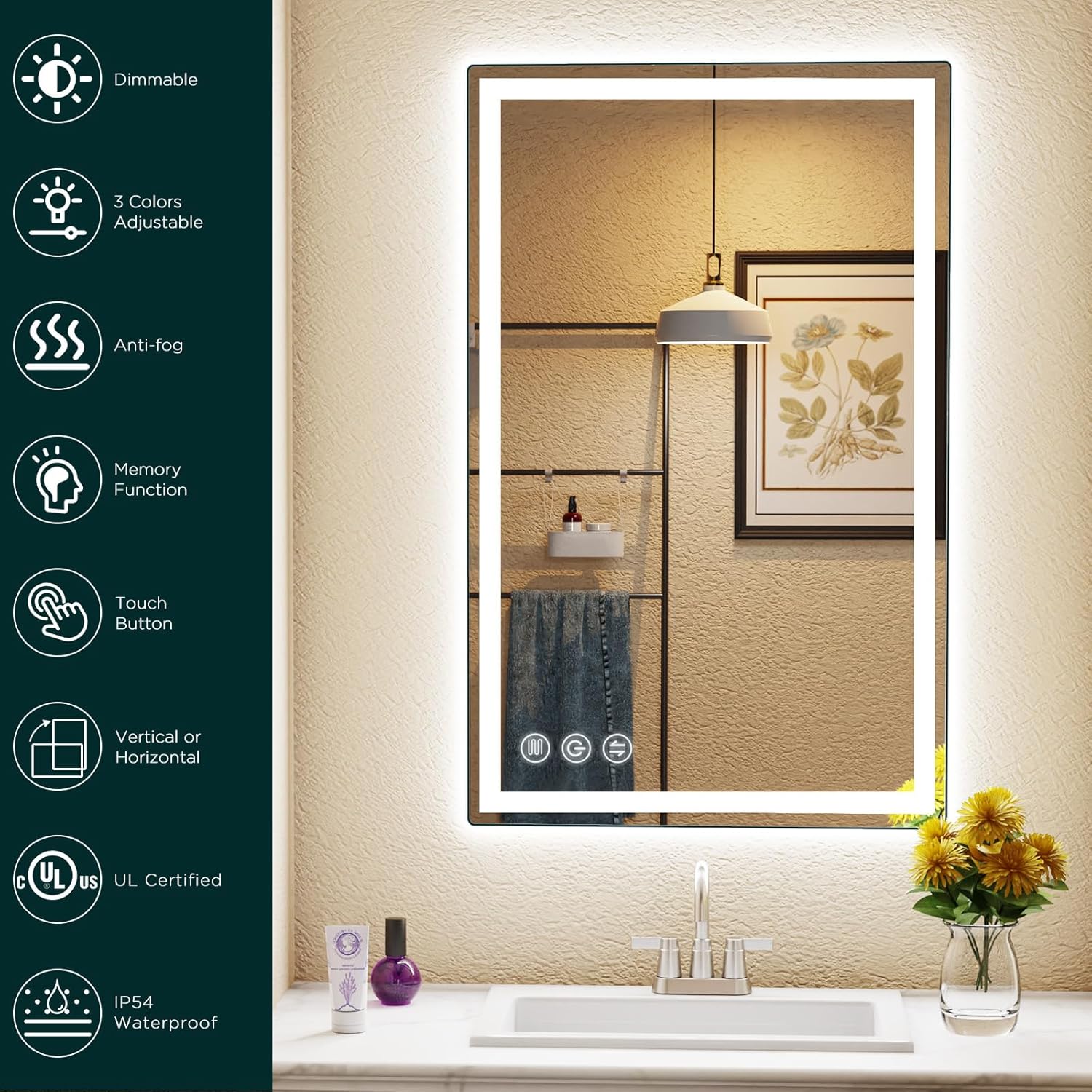 Espejo de baño LED para pared, espejo inteligente de 24 x 40 con luces, espejo LED frontal y retroiluminado para baño, certificación UL, CRI