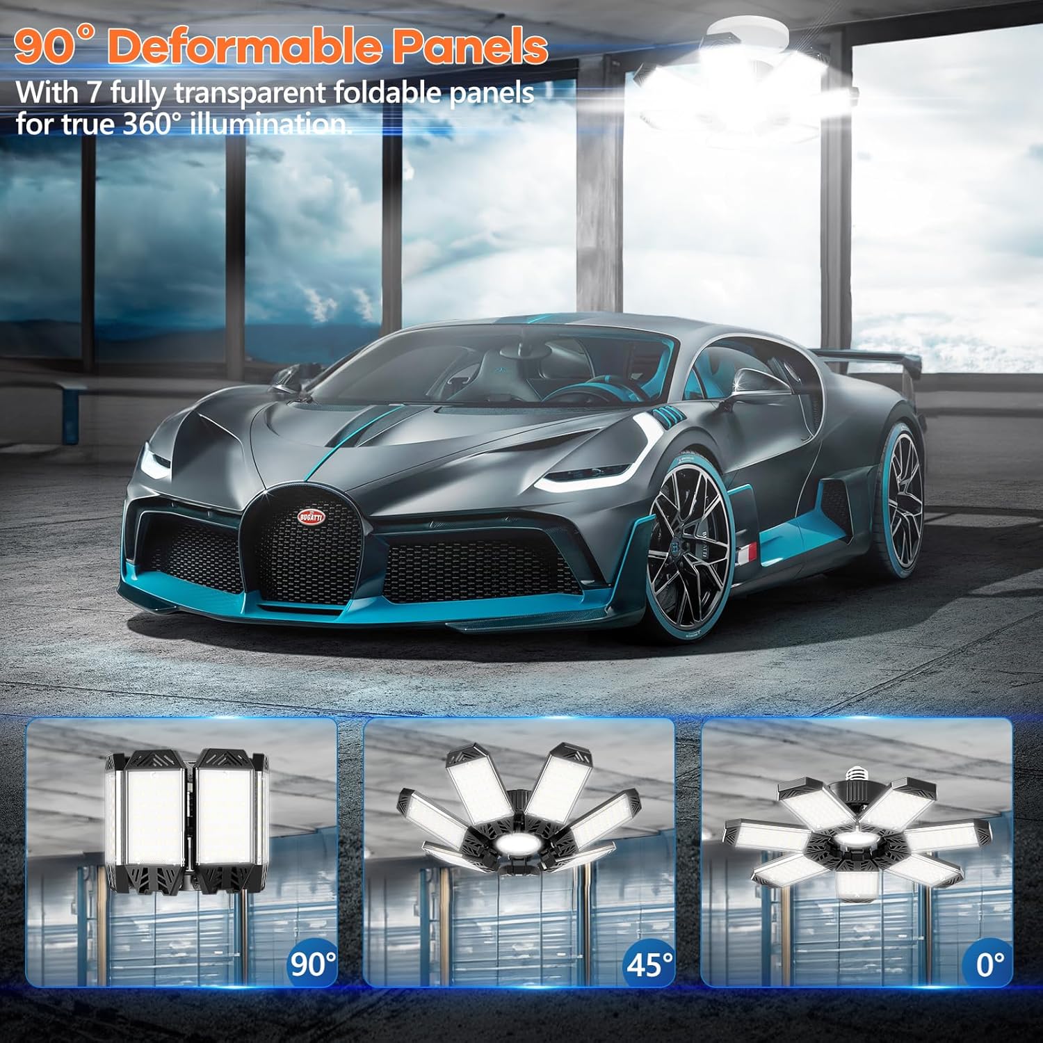 Paquete de 4 luces LED de garaje de 210 W, luces LED de garaje con 7 paneles deformables, 21000 lm 6500 K, luces de techo de garaje súper brillantes