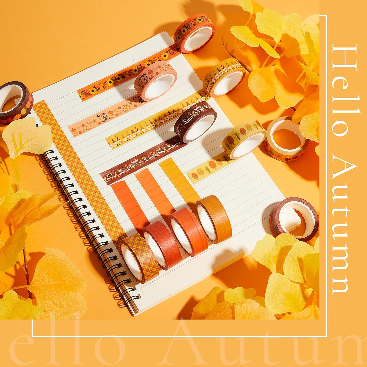 Juego de 12 rollos de cinta washi de otoño de Acción de Gracias, 0.591 in de ancho, 23.0 ft de largo, hojas de otoño de calabaza, girasol, cinta de