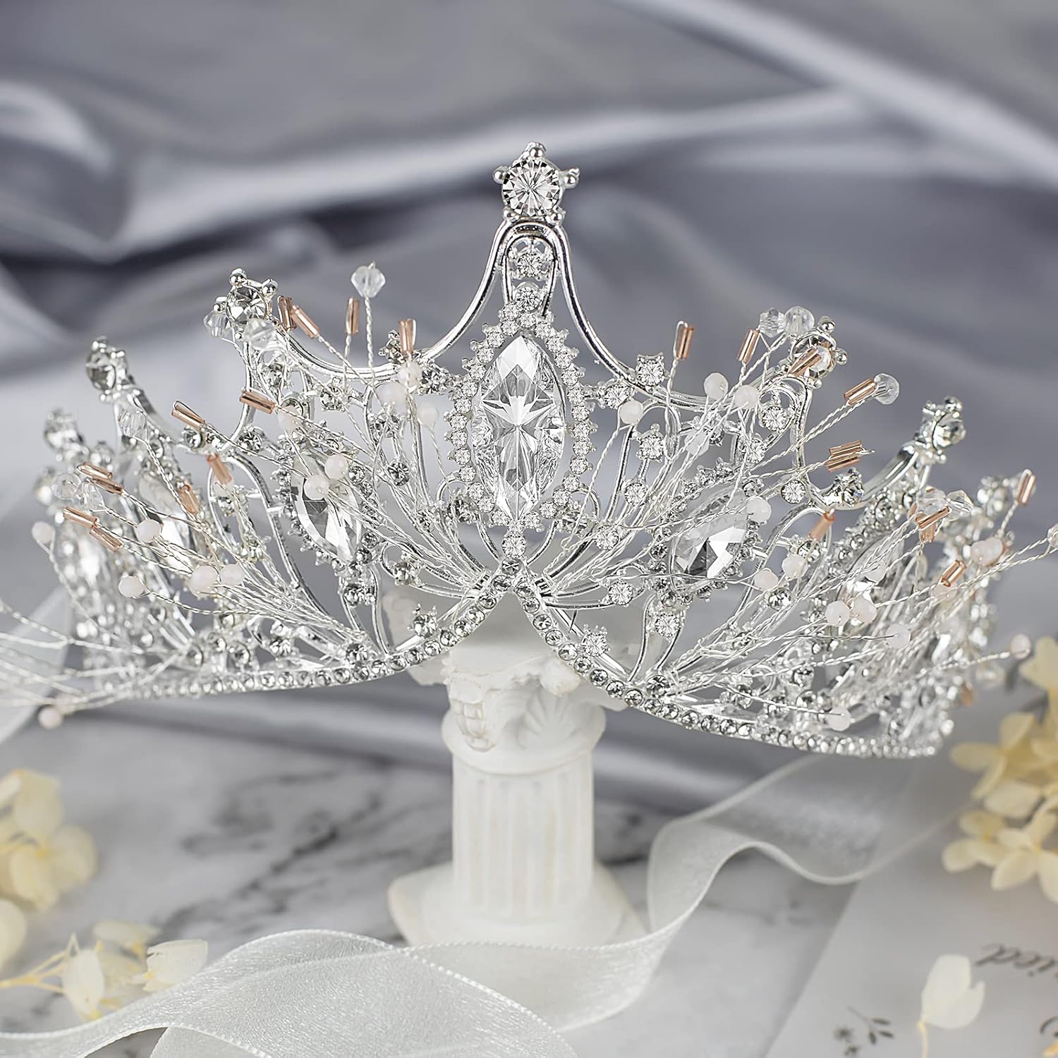 Yolmina Corona barroca de reina, corona de boda plateada y tiara para novia, hecha a mano, diadema de diamantes de imitación de cristal de princesa