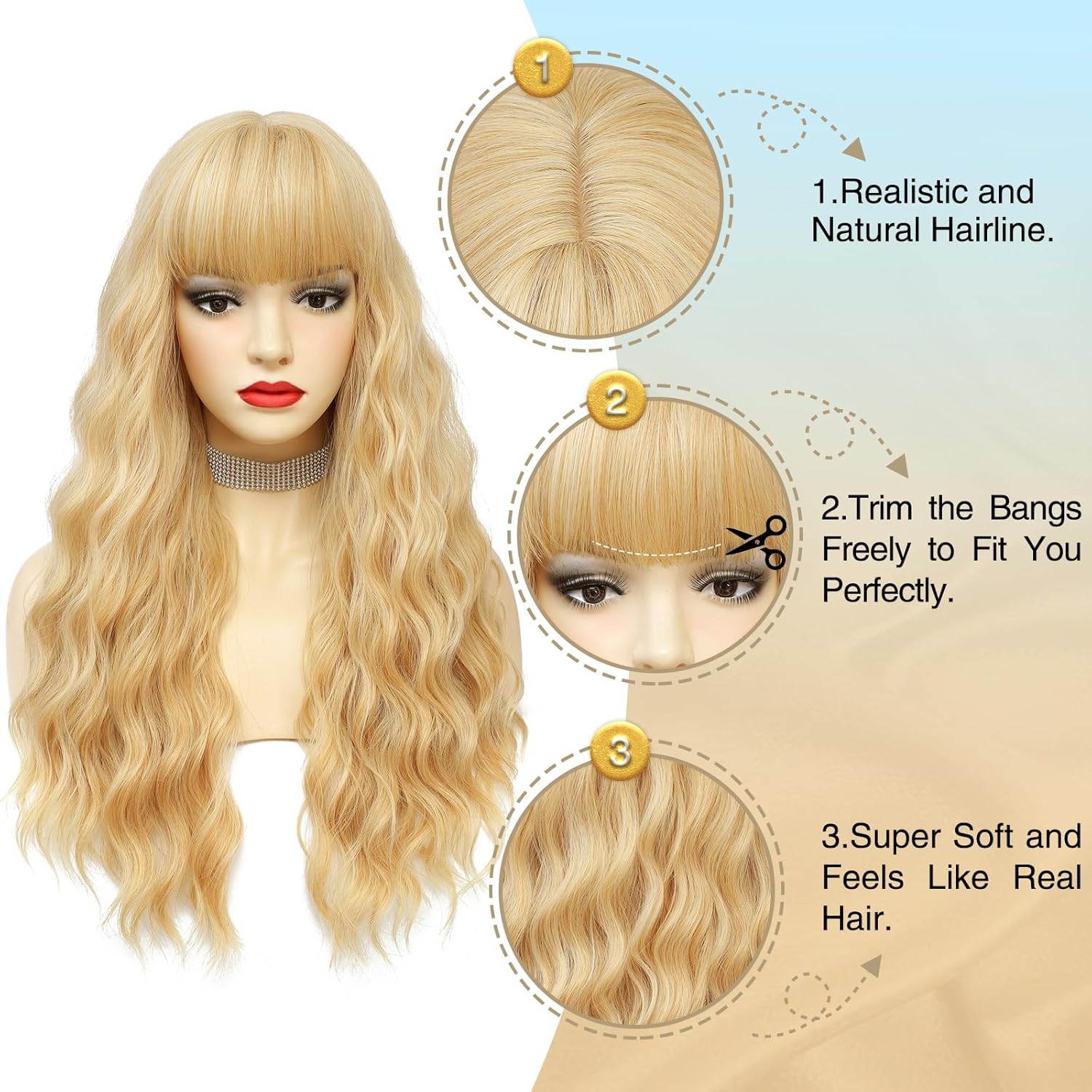 VERNA Peluca rubia con flequillo, pelucas rubias de 26 pulgadas de largo para mujer, peluca ondulada rubia de aspecto natural, peluca sintética