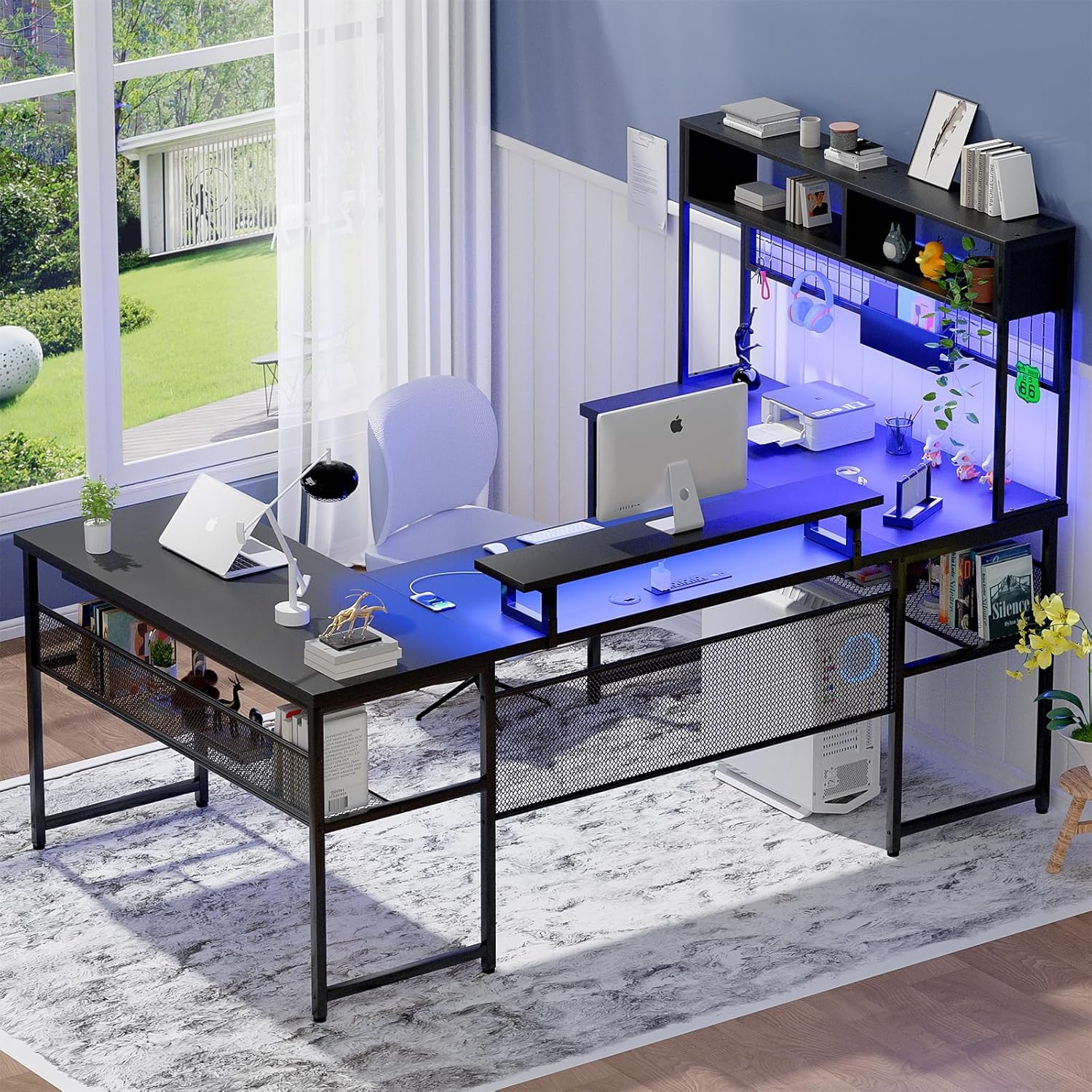 Unikito Escritorio en forma de U con gabinete, escritorio reversible en forma de L con tomas de corriente y tira LED, mesa de oficina grande con