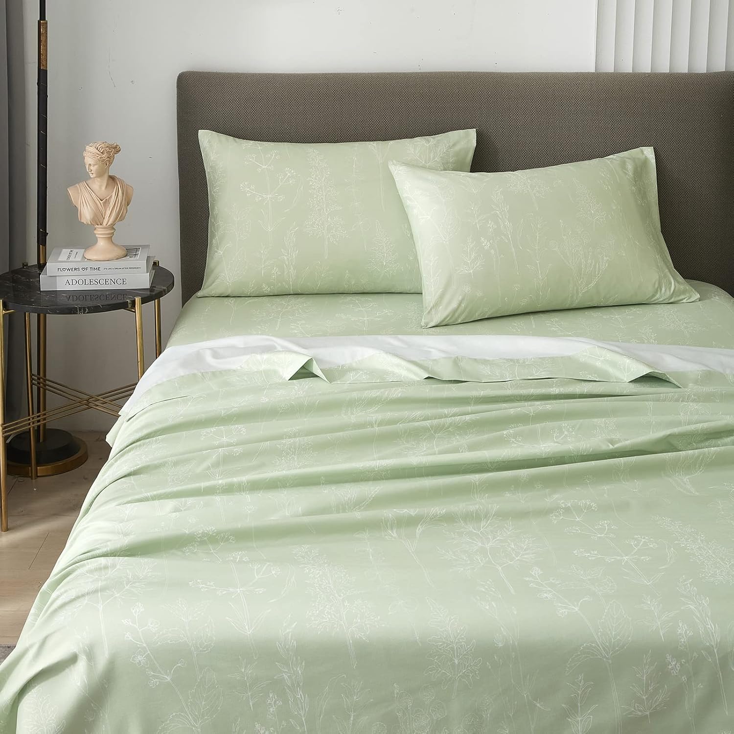 Hyprest Sábanas de cama verde salvia, bolsillo profundo de 18 pulgadas, tamaño King, sábanas con patrón floral verde, sábanas suaves estilo granja,