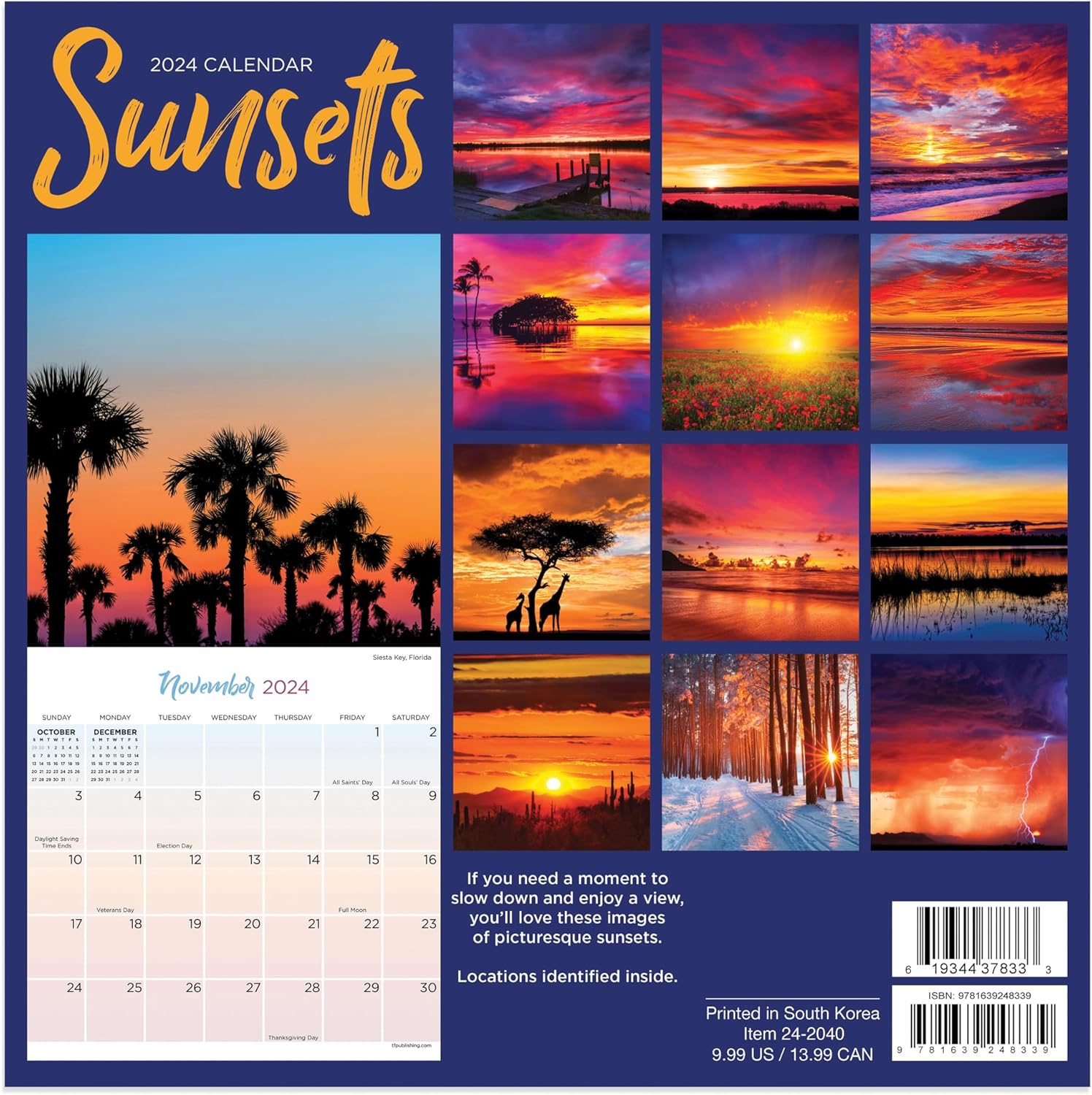 TF PUBLISHING Mini calendario 2024 Sunsets  Rejillas grandes para citas y programación  Calendario mensual vertical de pared 2024  Organización del