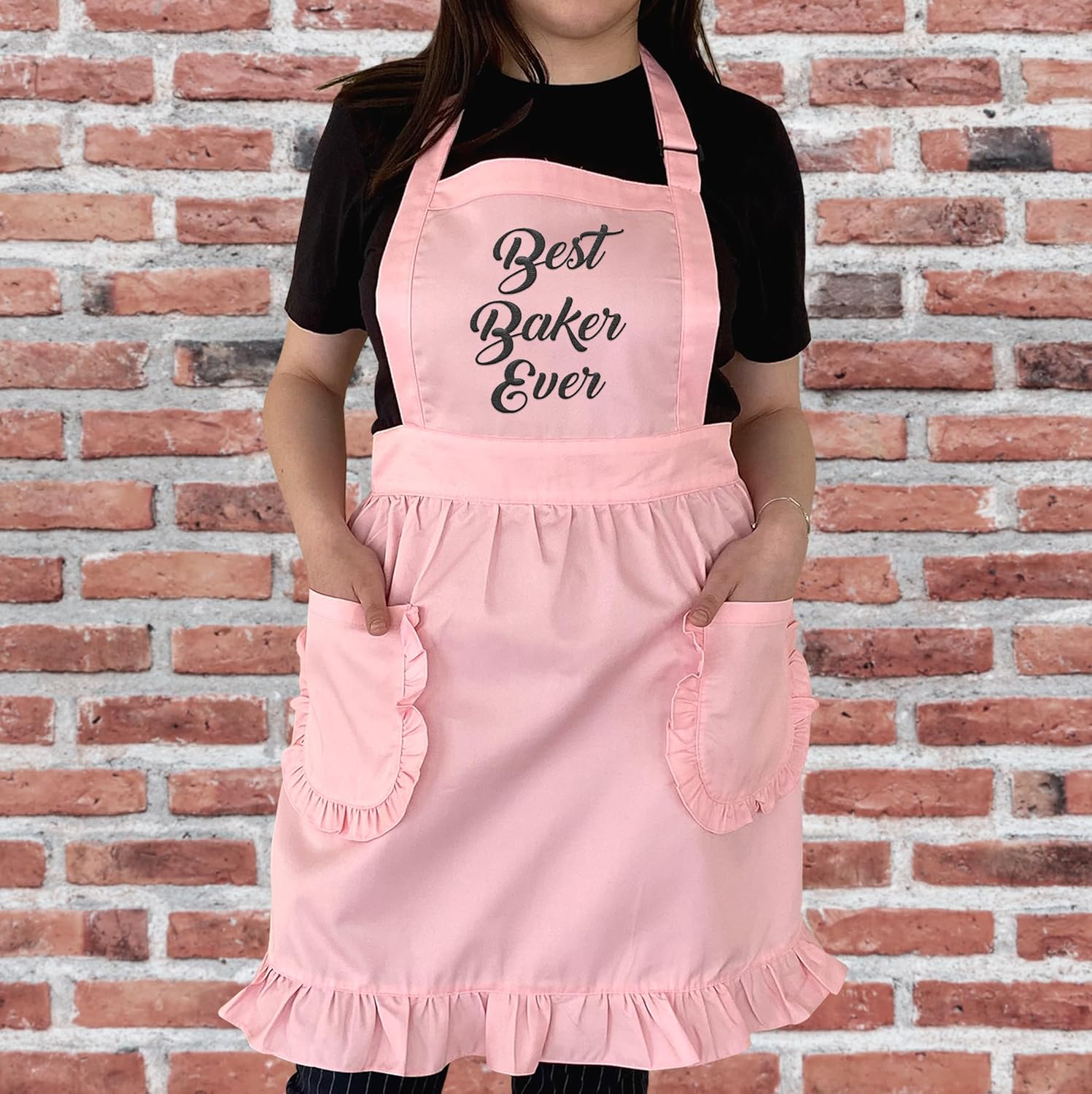 TEEAMORE Delantal bordado personalizado con volantes para cocina, horneado, parrilla, limpieza, disfraz de sirvienta, delantal de mujer con bolsillos